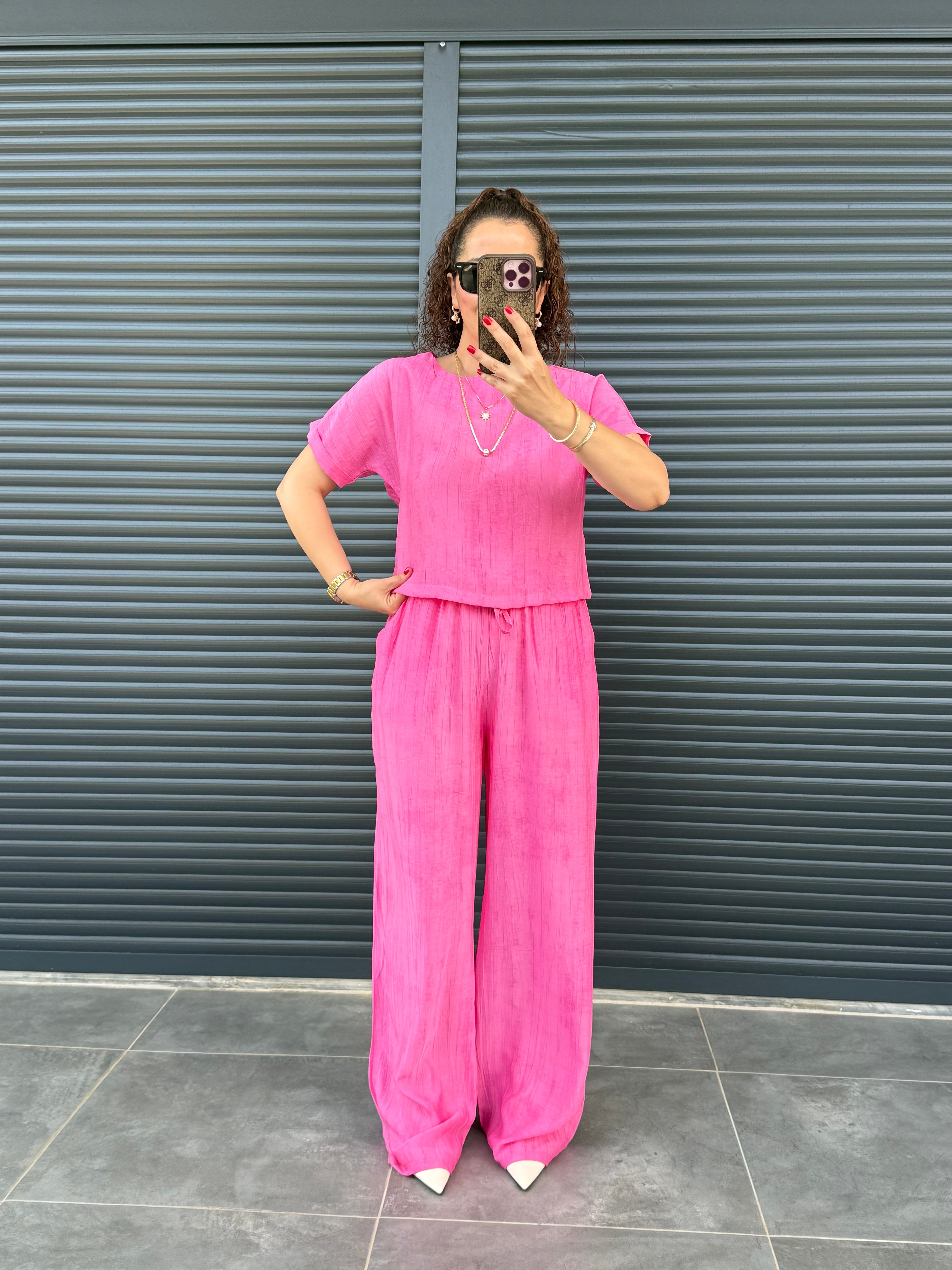 Çilek Kumaş Pantolon Bluz Takım Pembe