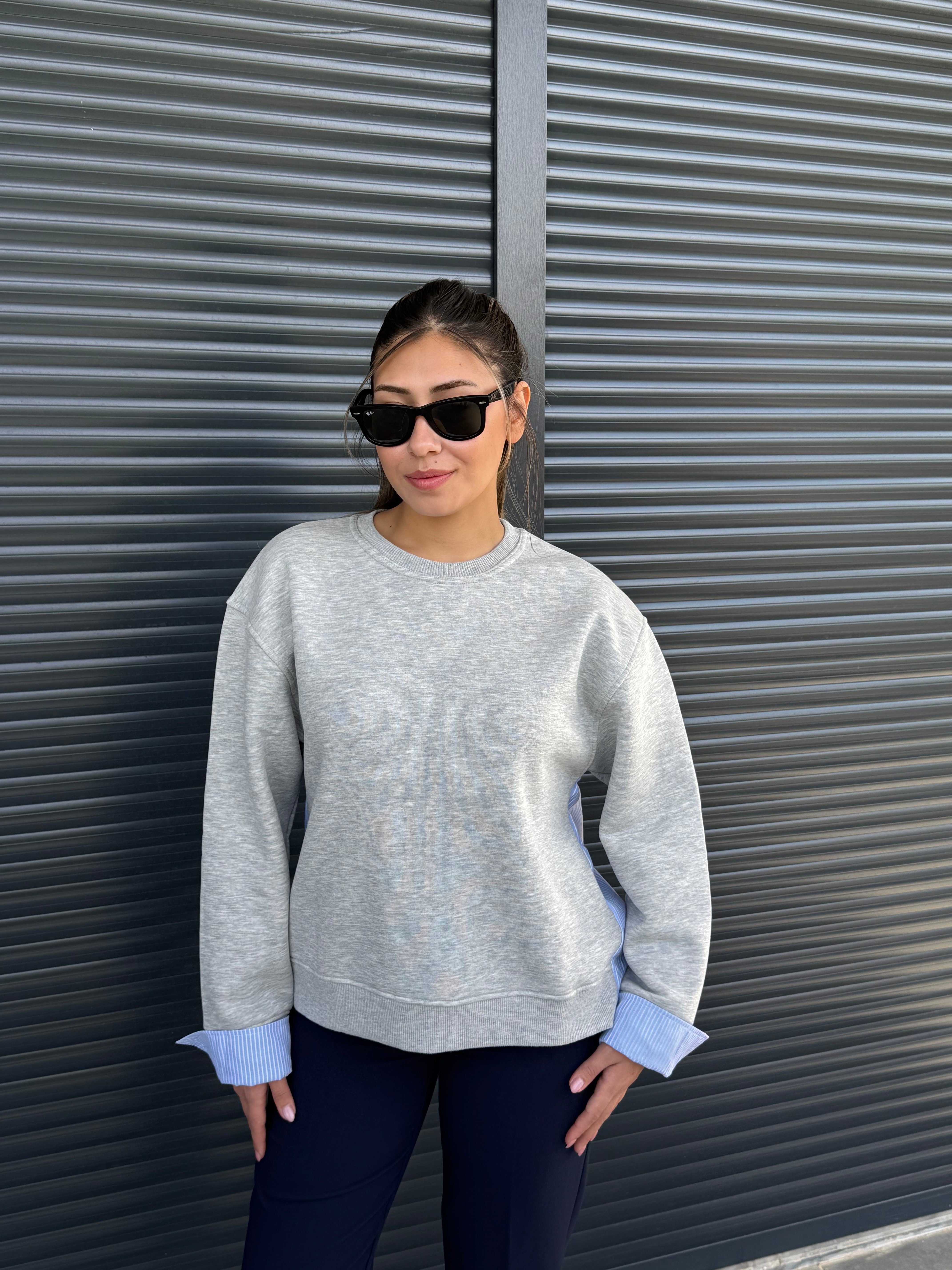 Çizgili Gömlek Detaylı Sweatshirt