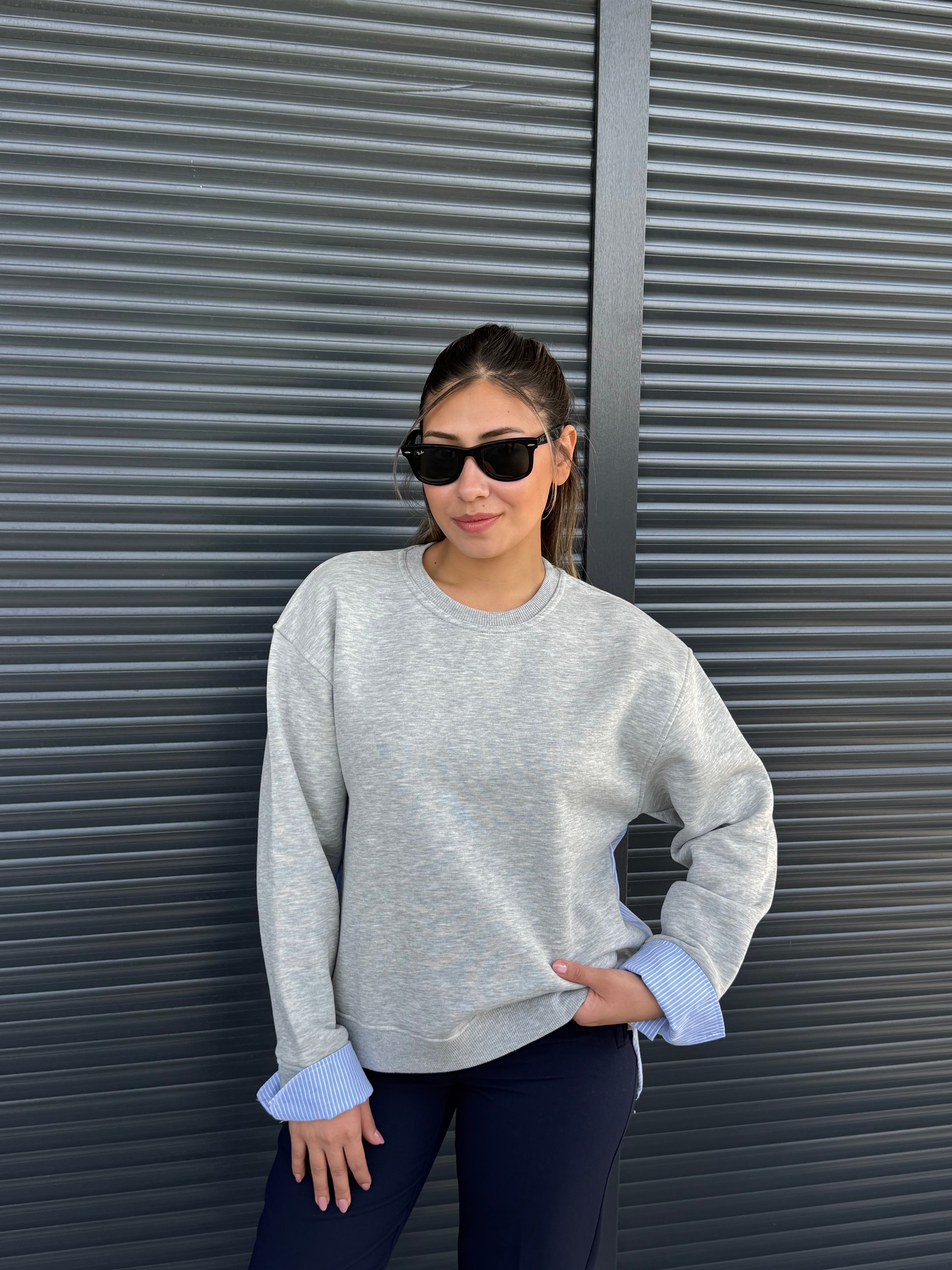 Çizgili Gömlek Detaylı Sweatshirt