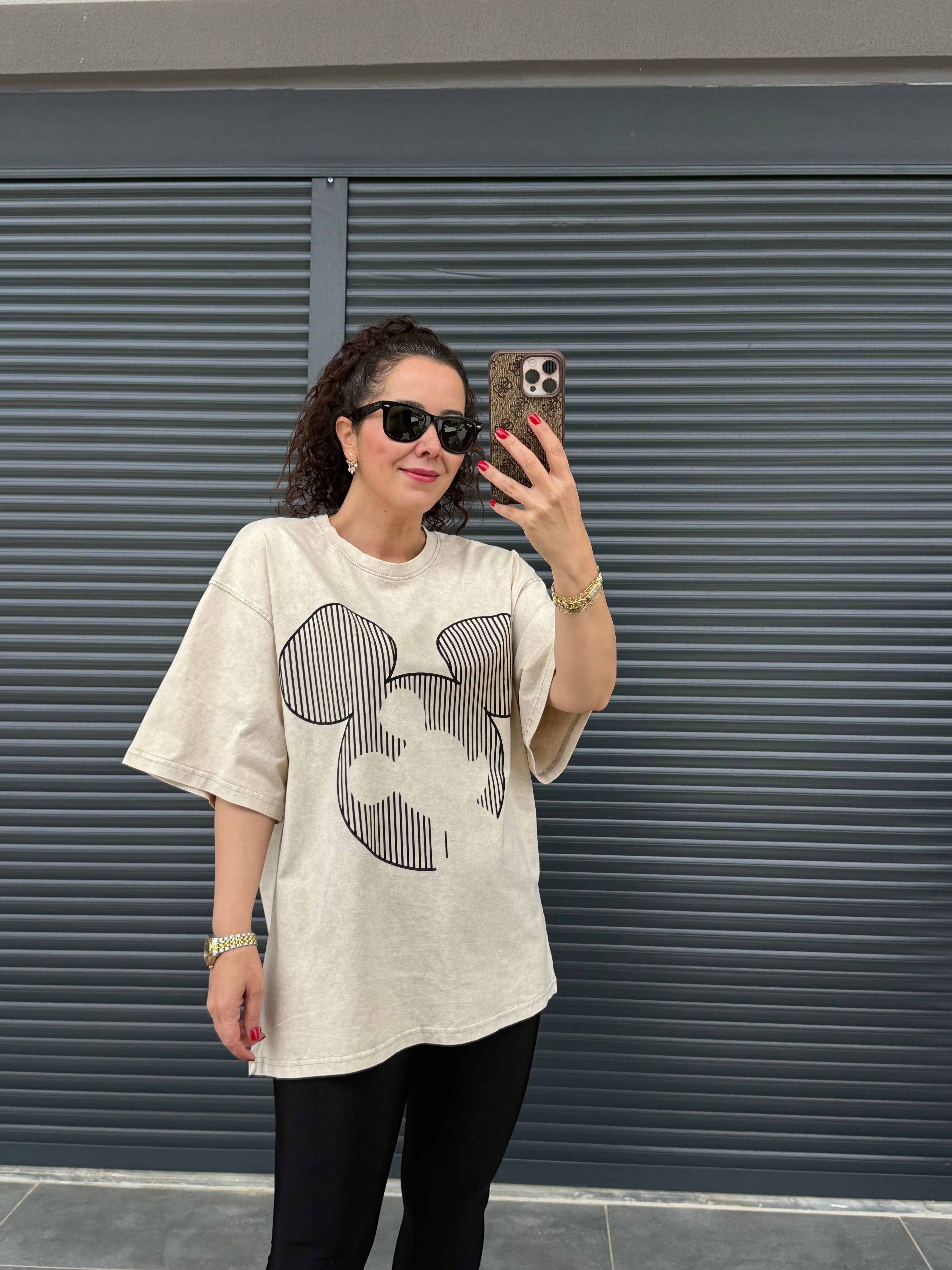 Çizgili Mickey Eskitme Oversize T-shirt