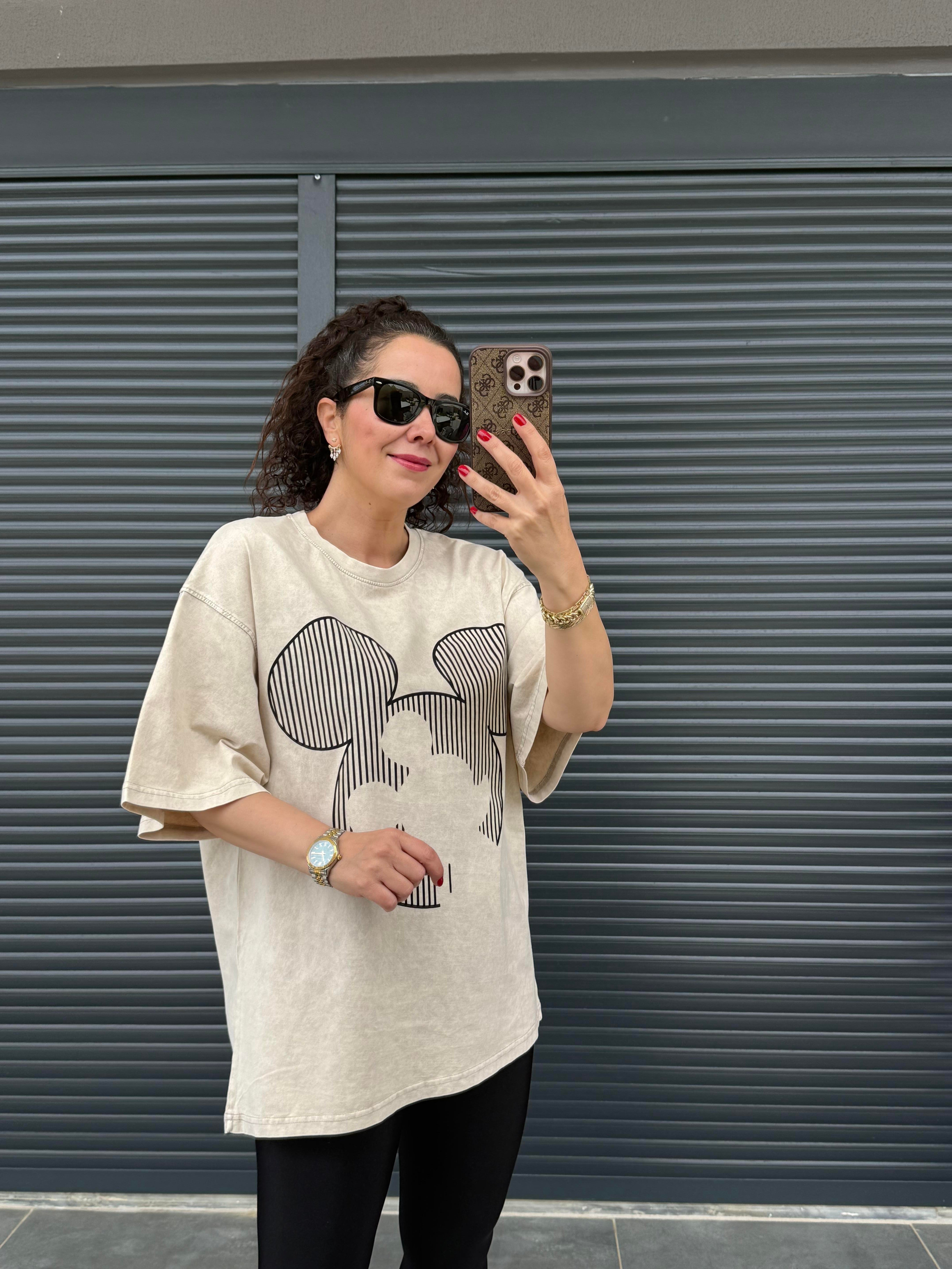Çizgili Mickey Eskitme Oversize T-shirt