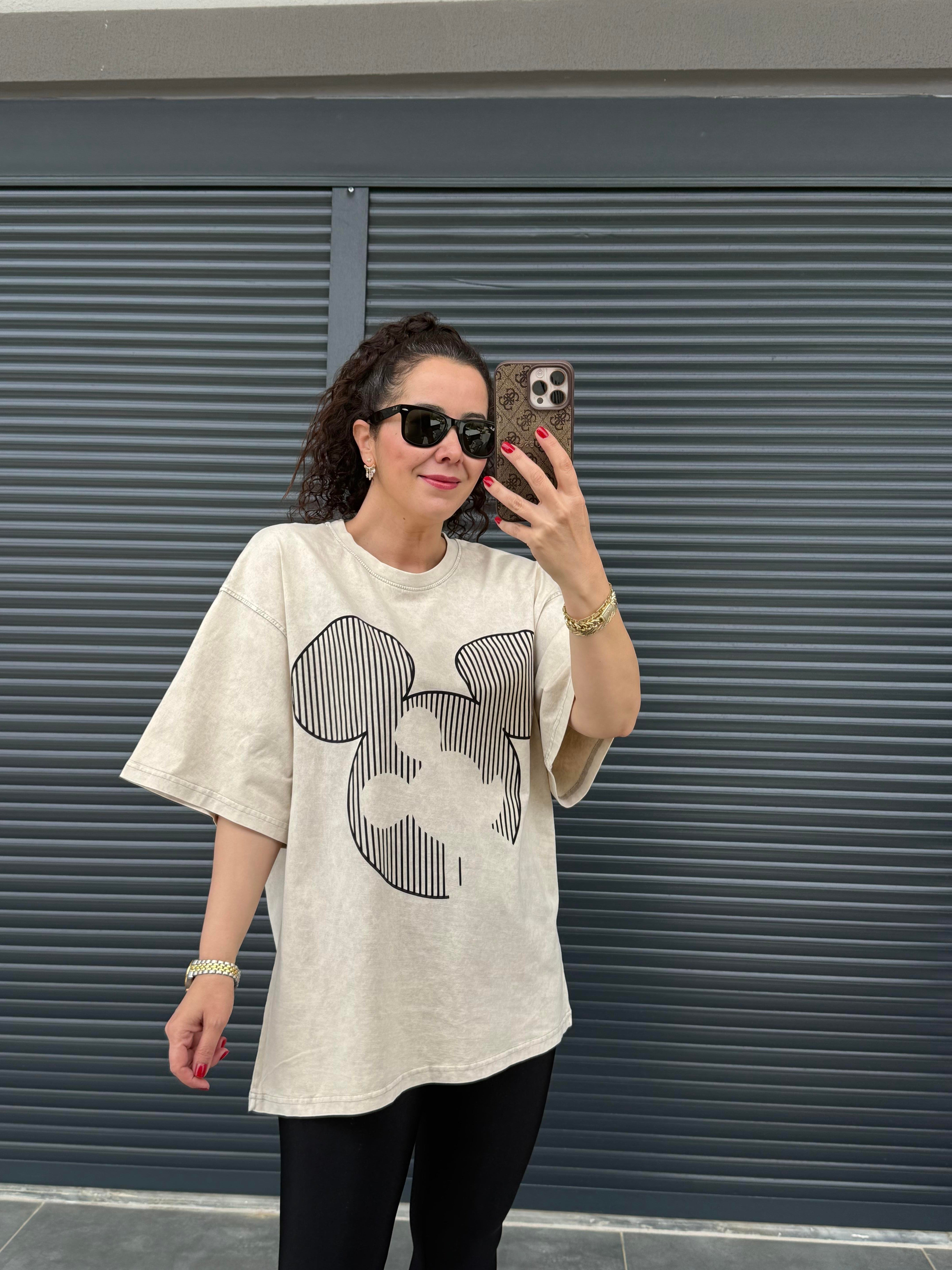 Çizgili Mickey Eskitme Oversize T-shirt