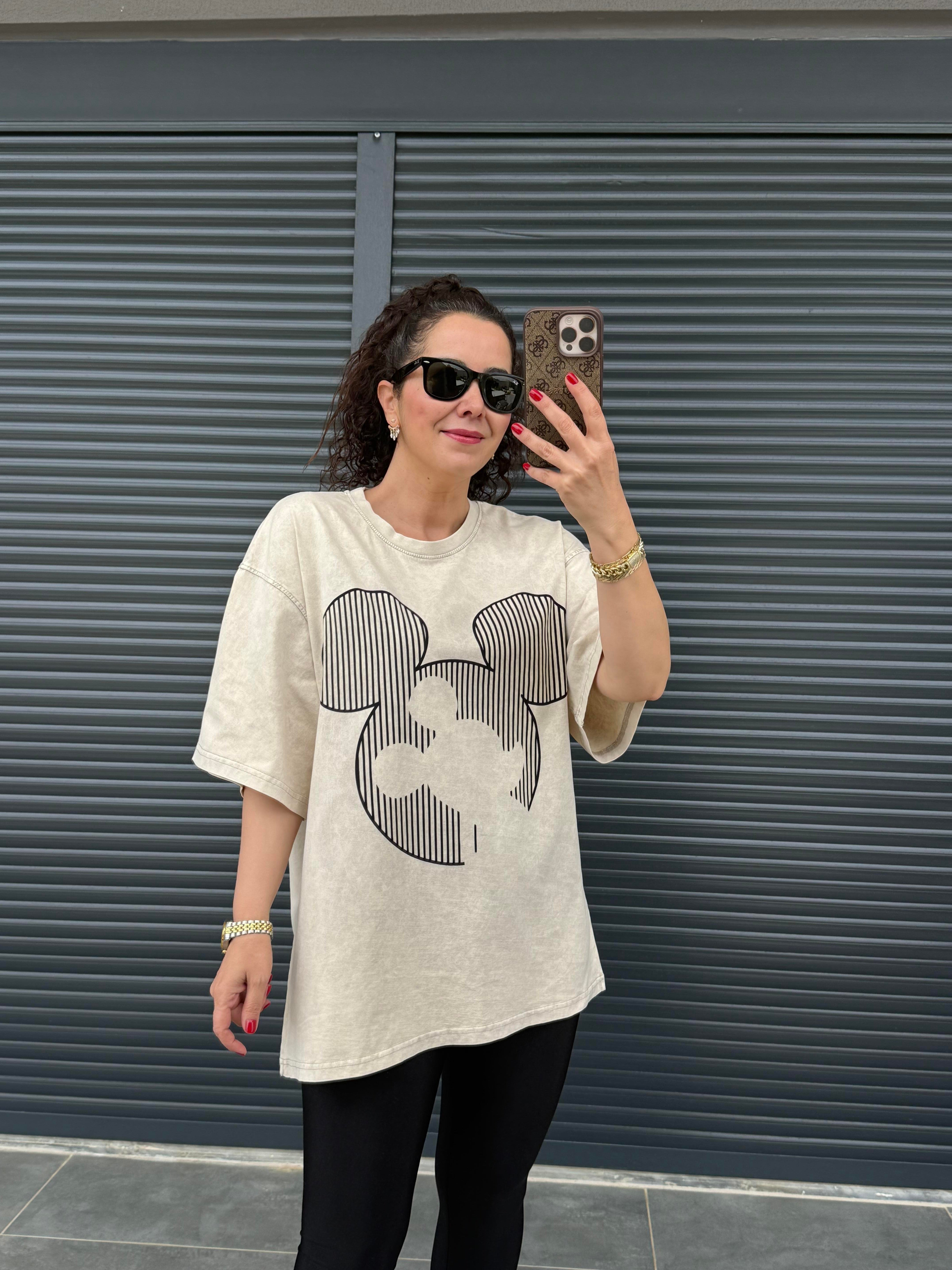 Çizgili Mickey Eskitme Oversize T-shirt