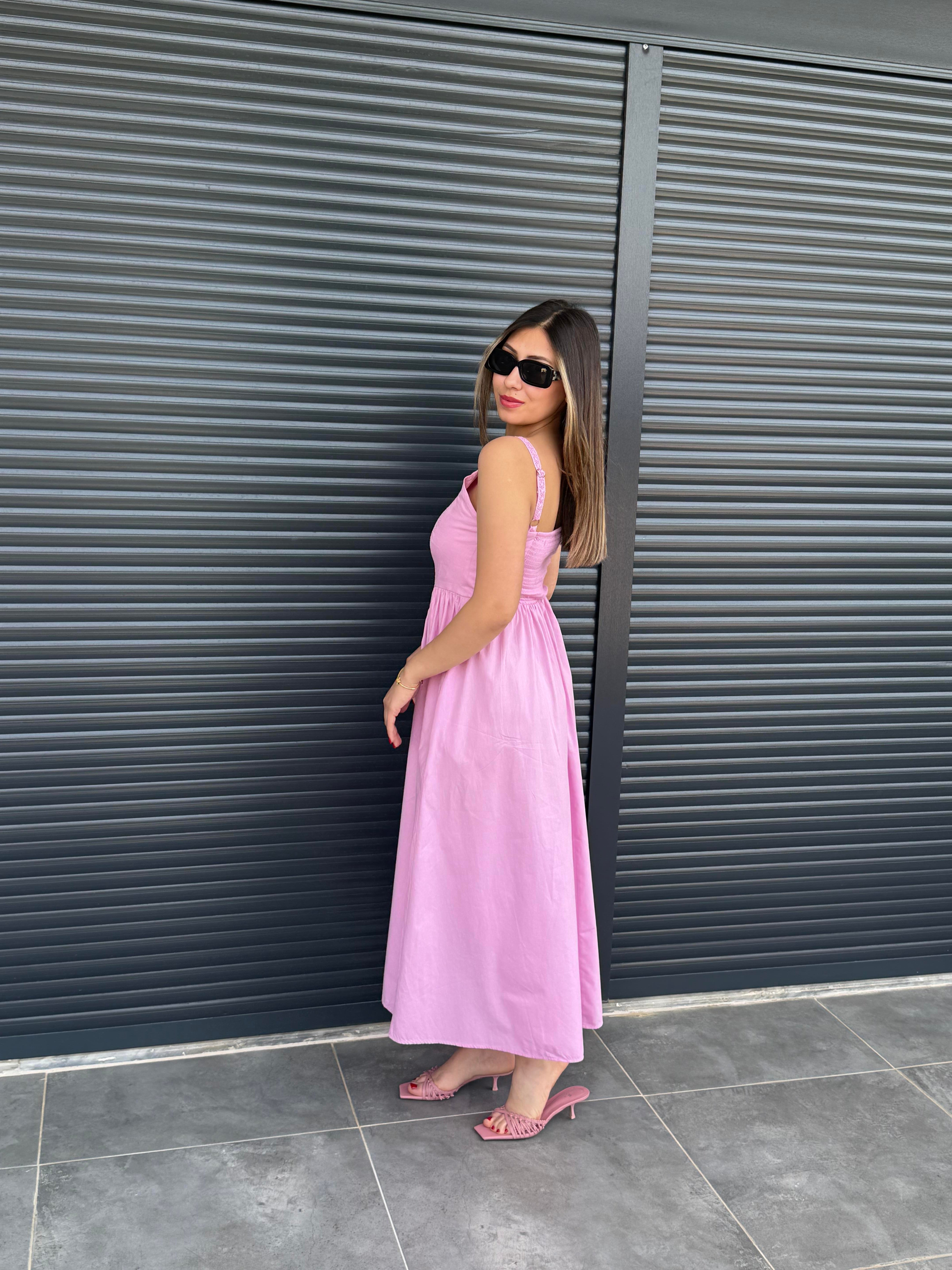 Dantel Detaylı Poplin Elbise Pembe