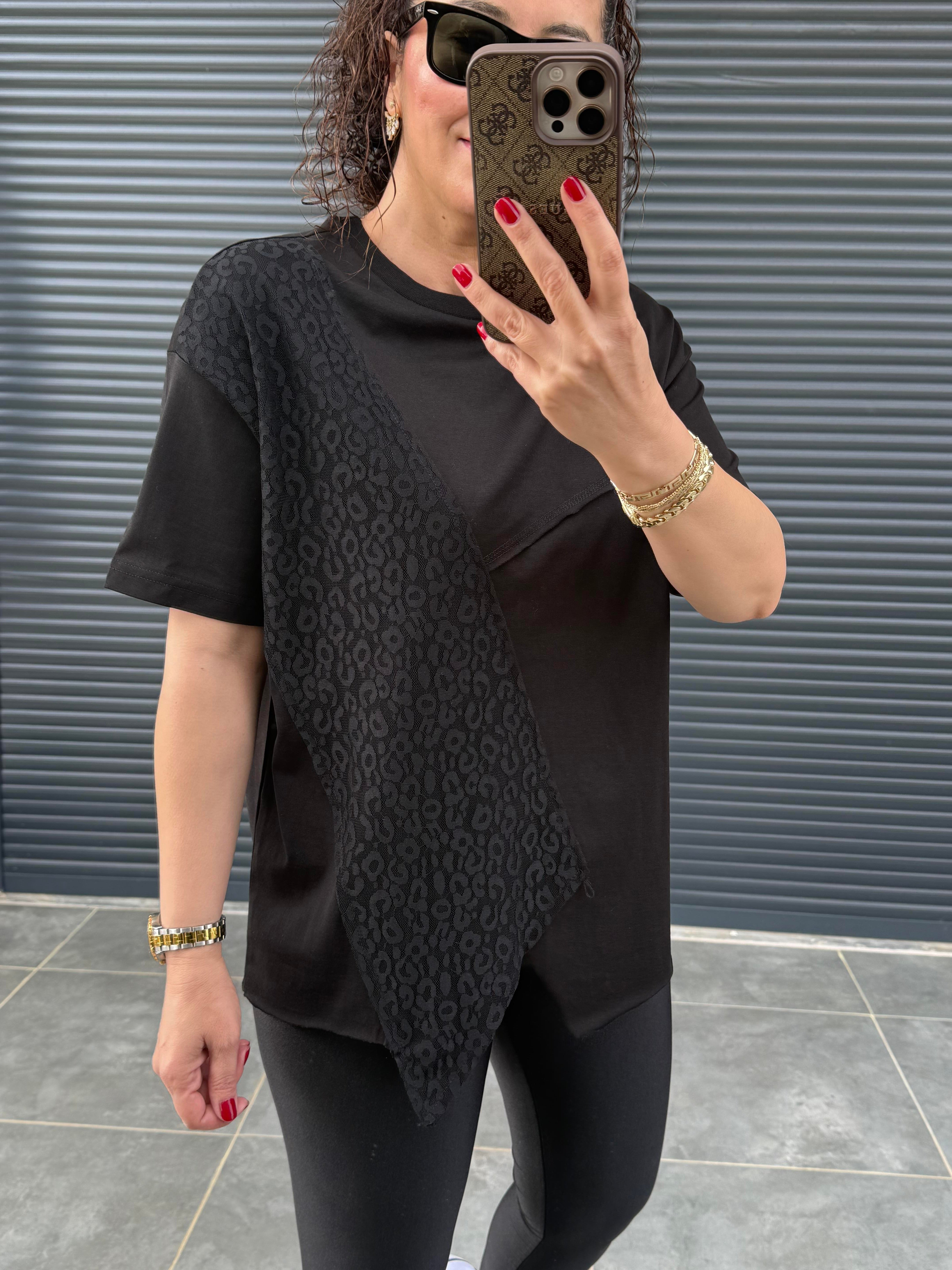 Dantel Detaylı Tasarım T-shirt Siyah