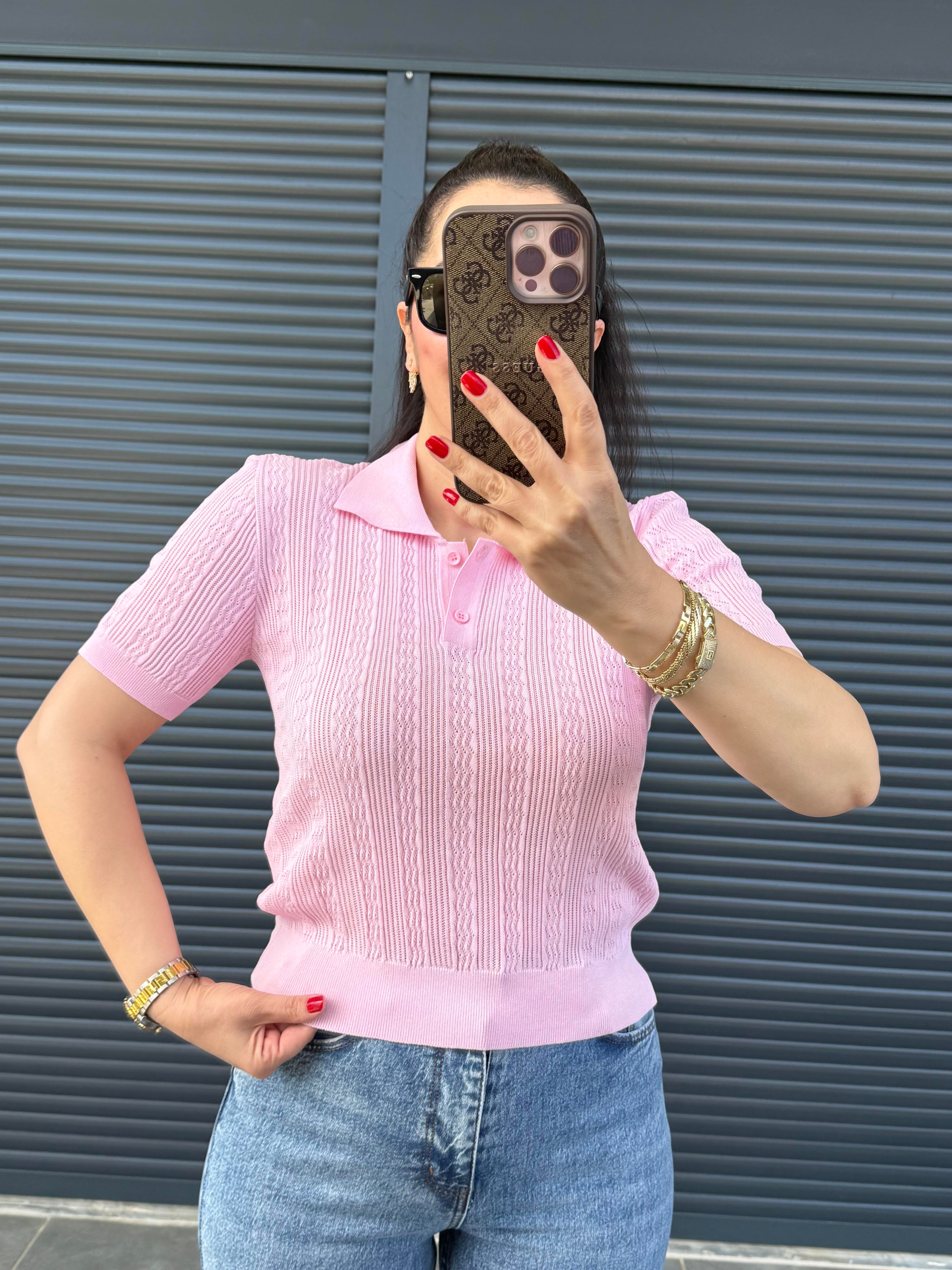 Dilvin Ajurlu Polo Yaka Bluz Pembe