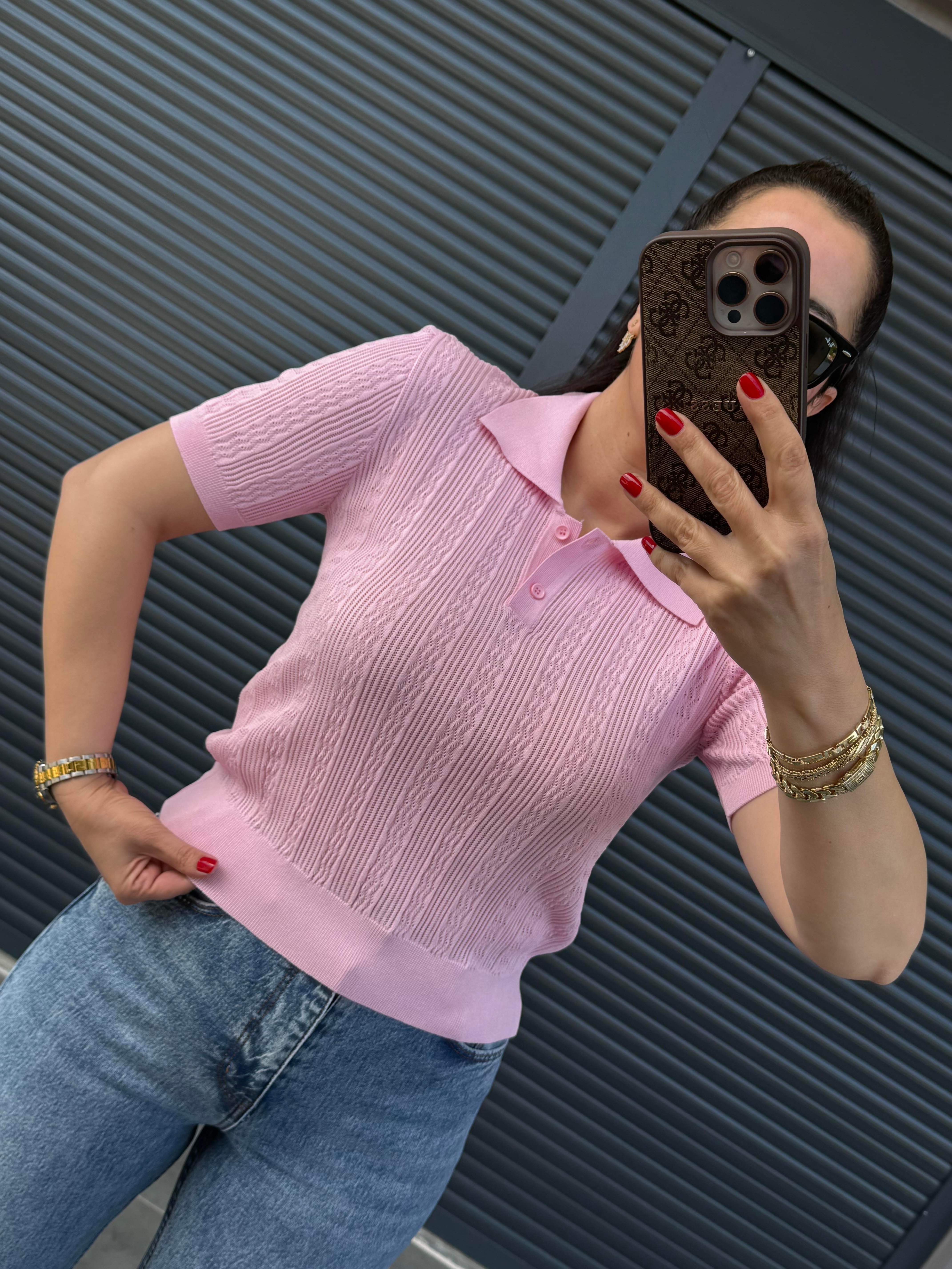 Dilvin Ajurlu Polo Yaka Bluz Pembe