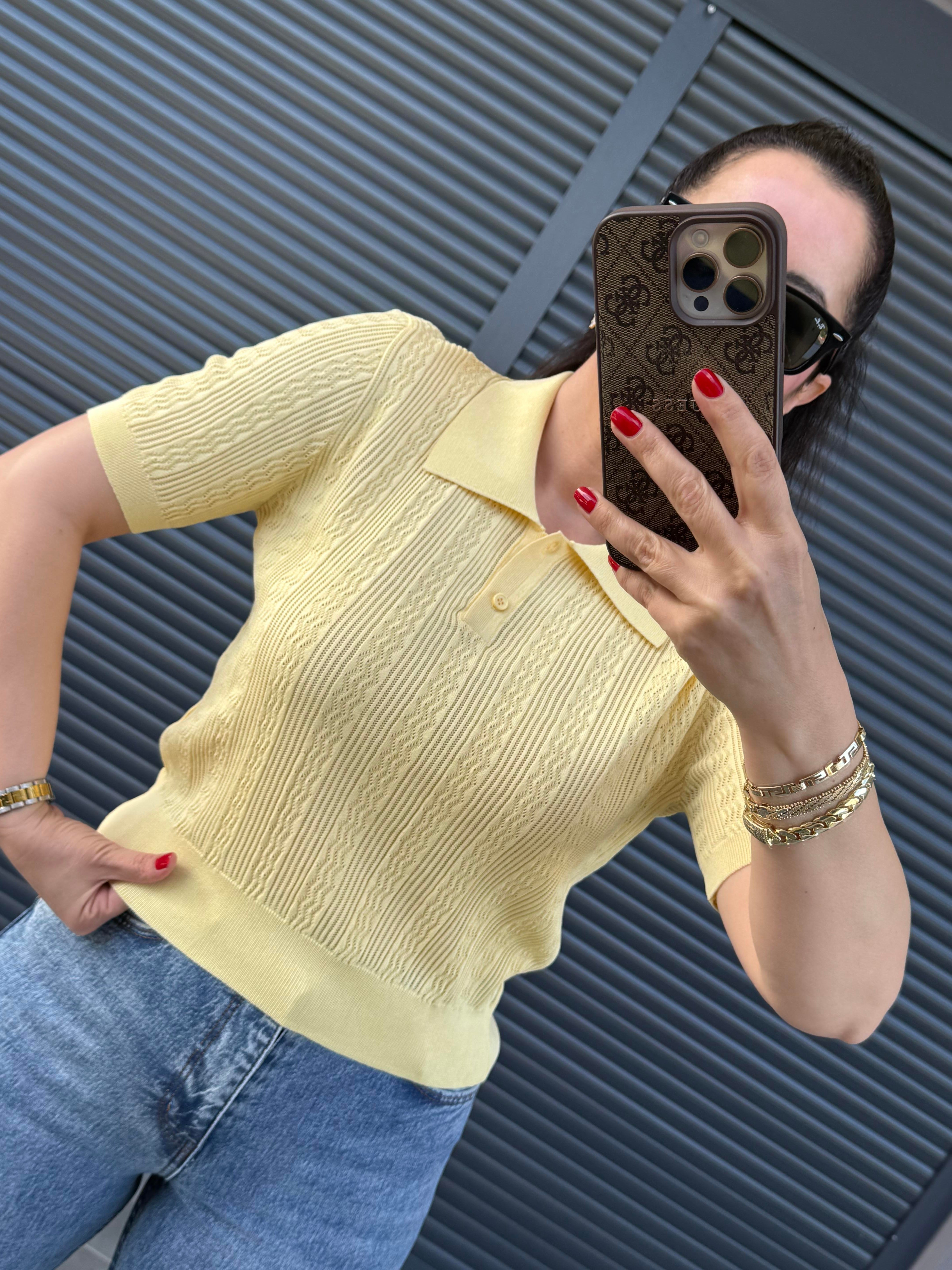Dilvin Ajurlu Polo Yaka Bluz Sarı