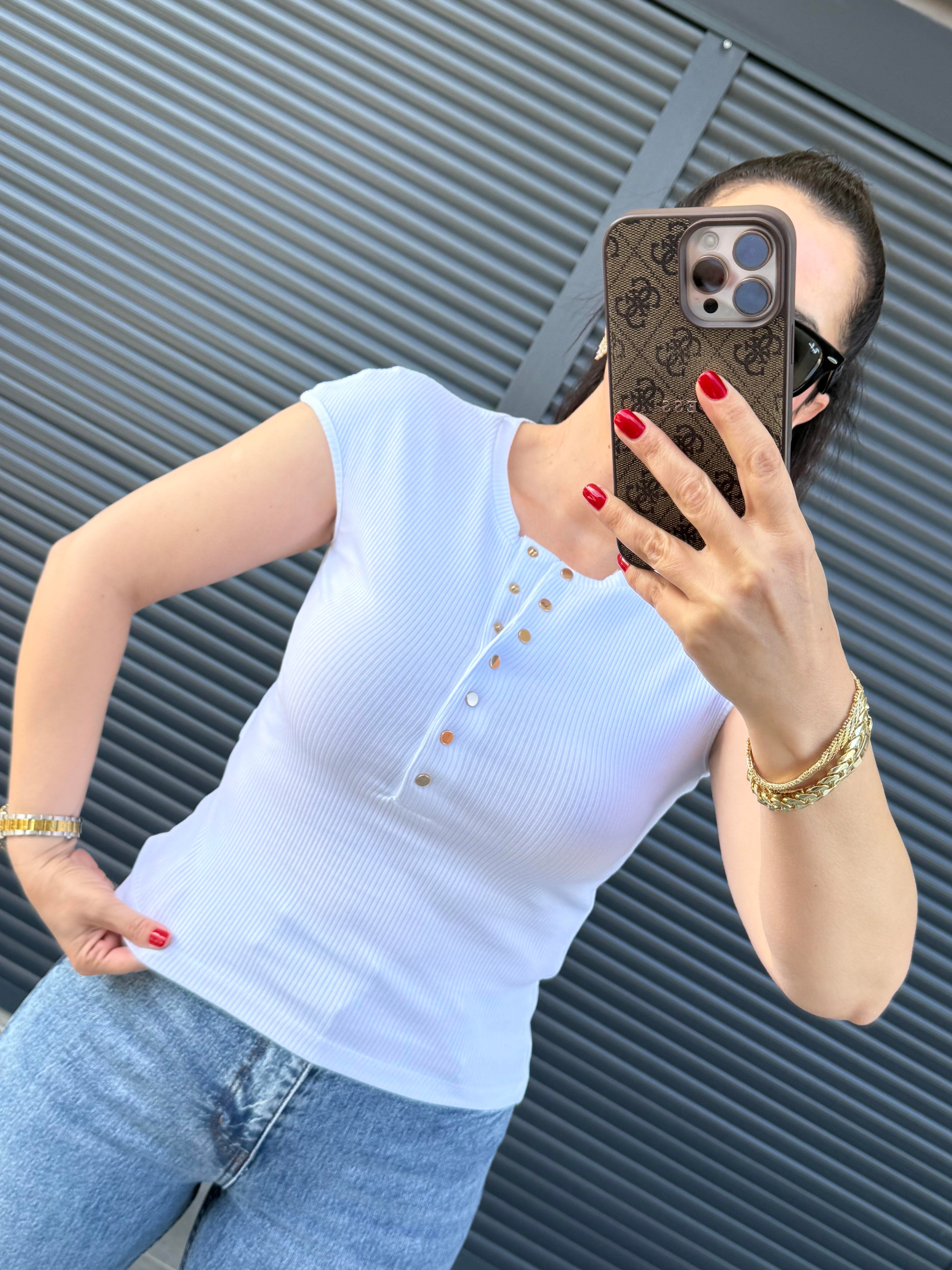 Dilvin Gold Çıtçıtlı Bluz Beyaz