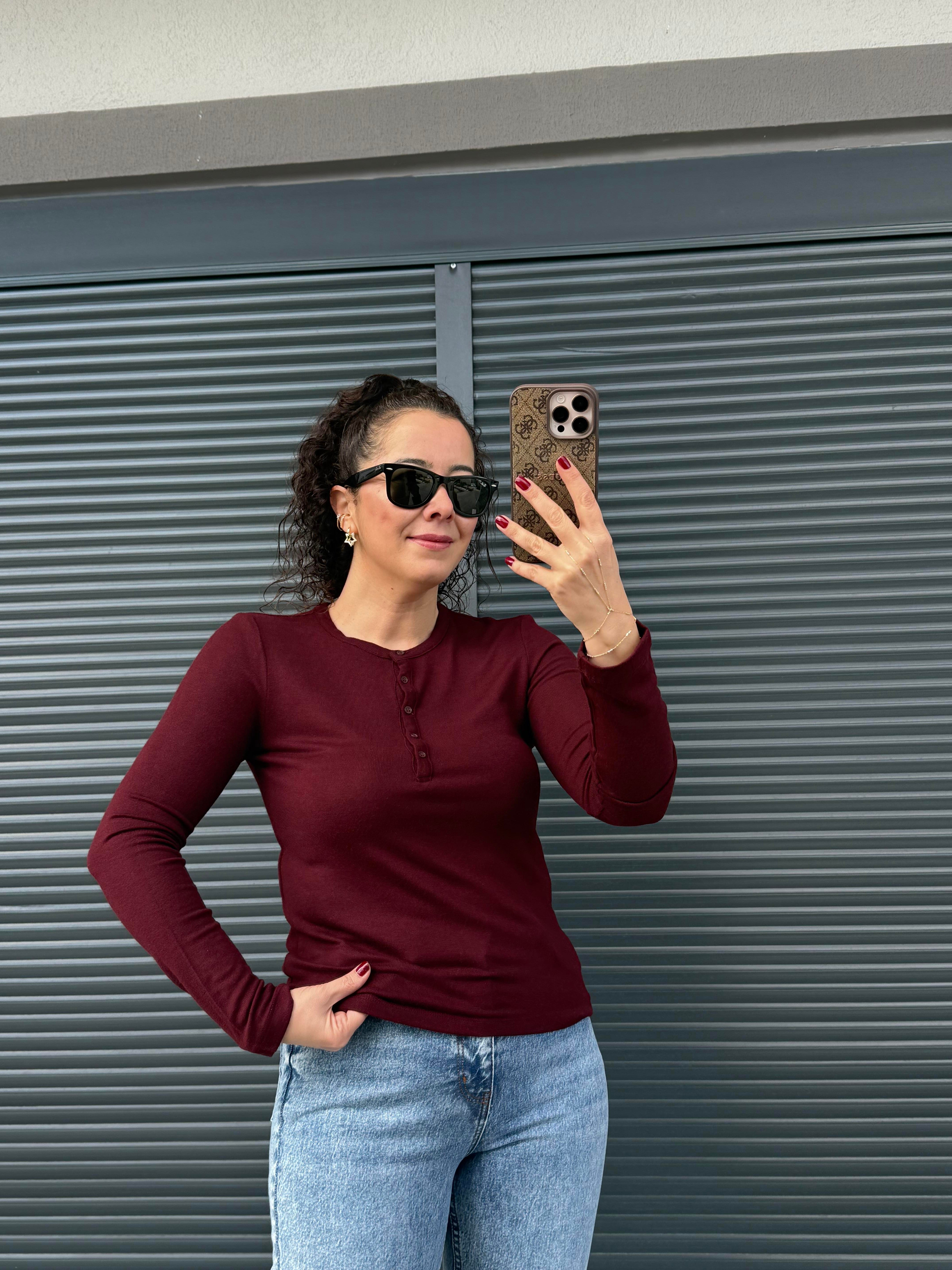 Dilvin Önü Düğmeli İnce Triko Bluz Bordo