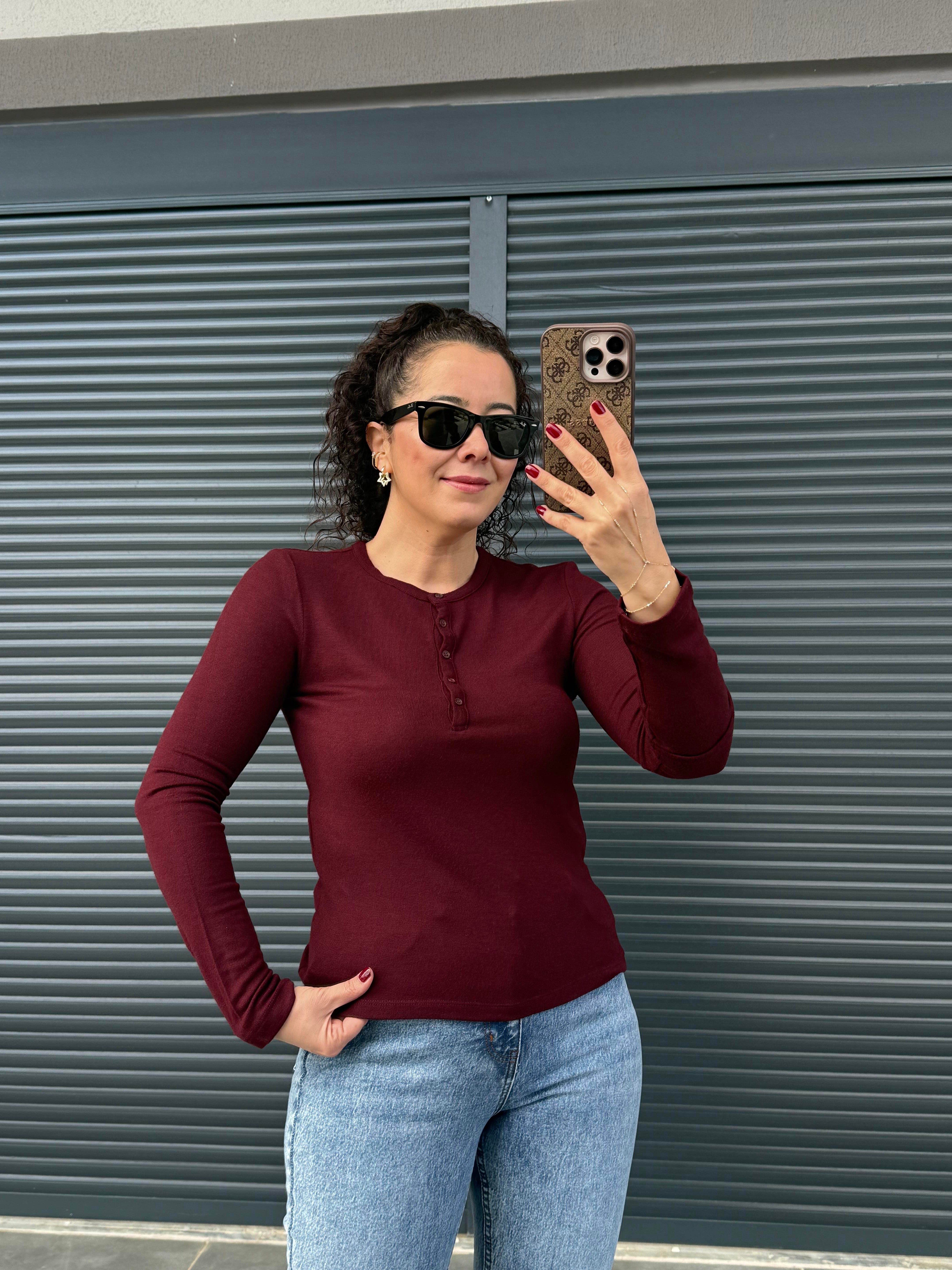 Dilvin Önü Düğmeli İnce Triko Bluz Bordo
