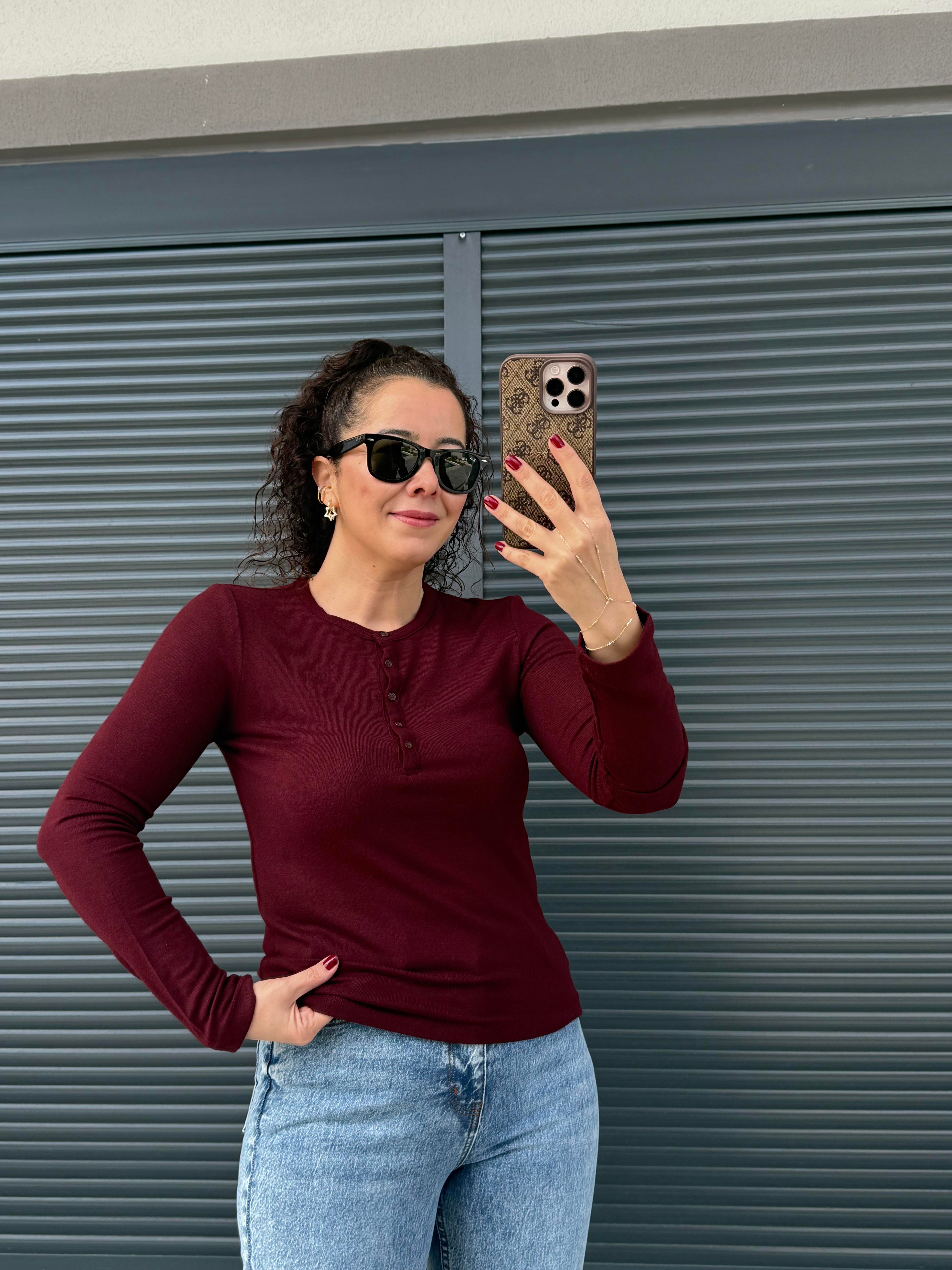 Dilvin Önü Düğmeli İnce Triko Bluz Bordo