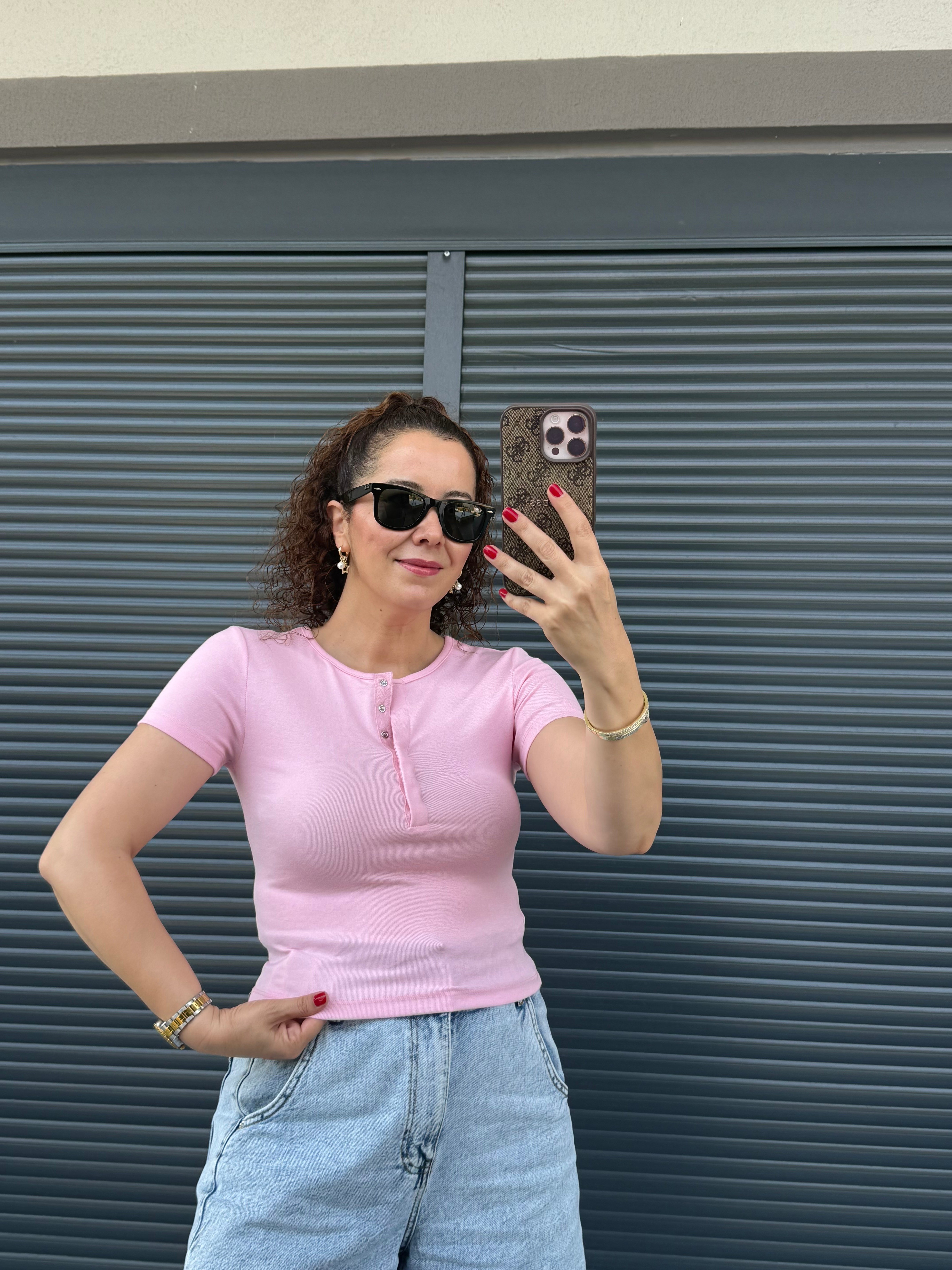 Dilvin Önü Düğmeli Kısa Kollu Bluz Pembe
