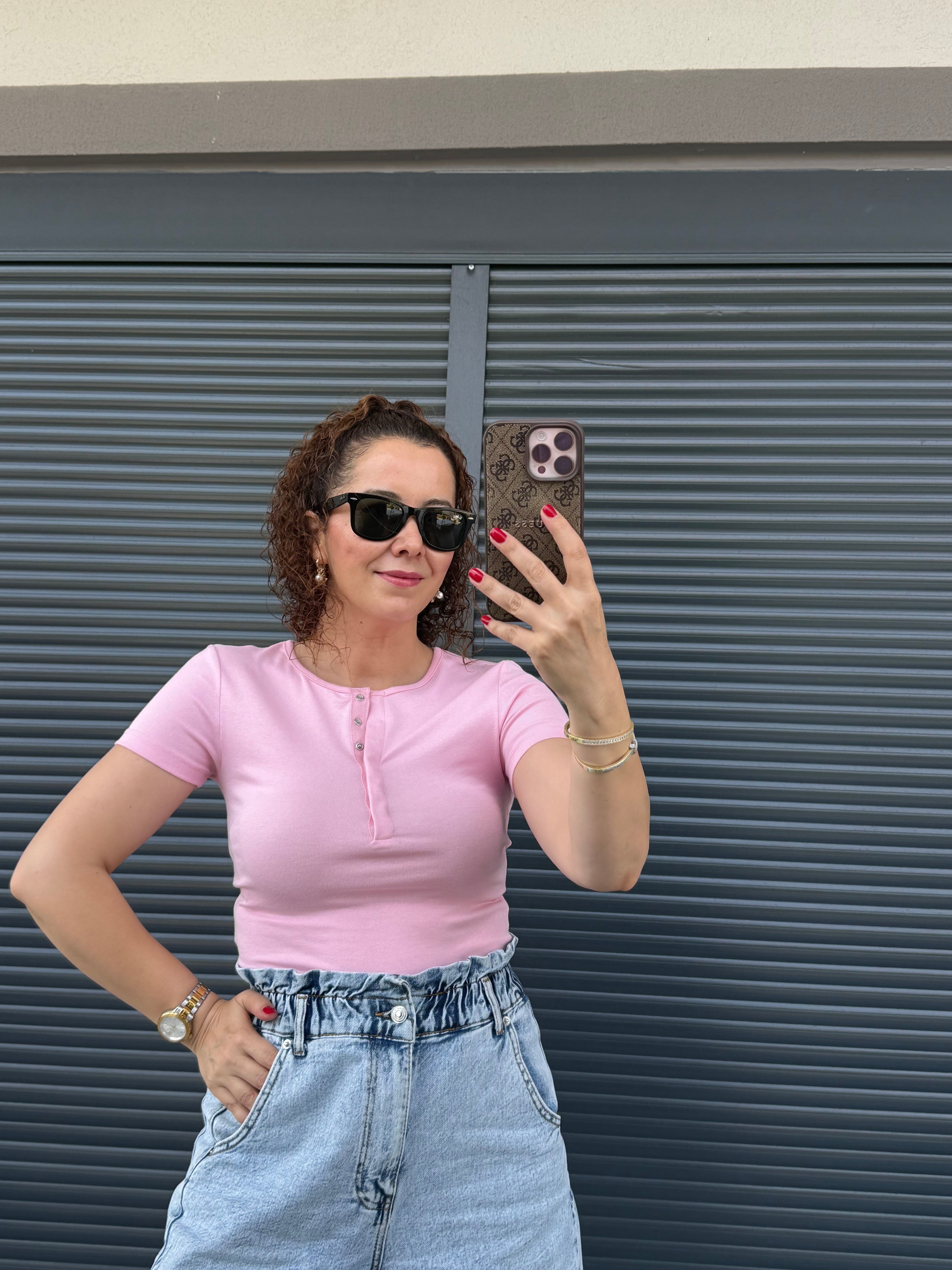 Dilvin Önü Düğmeli Kısa Kollu Bluz Pembe