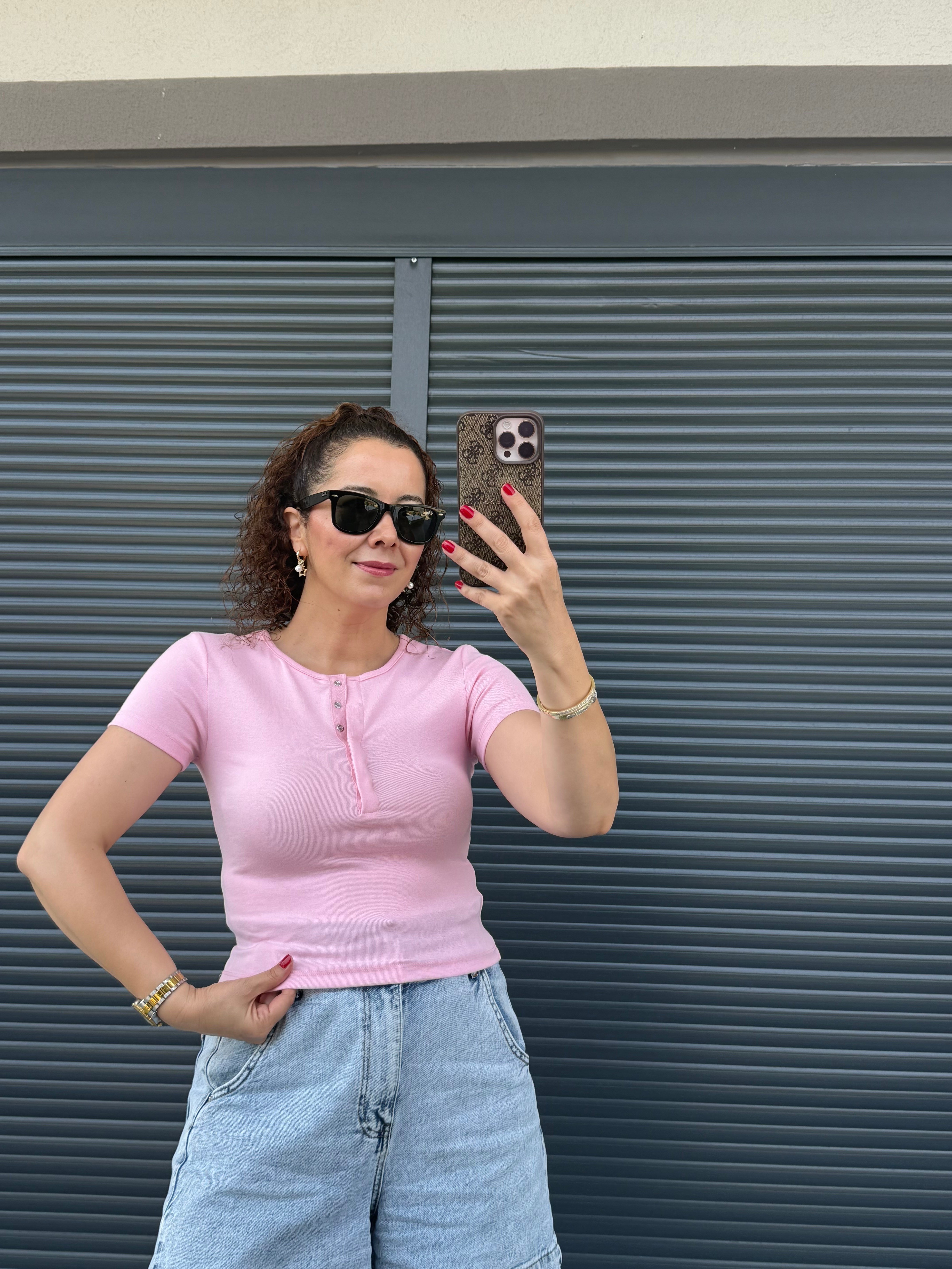 Dilvin Önü Düğmeli Kısa Kollu Bluz Pembe