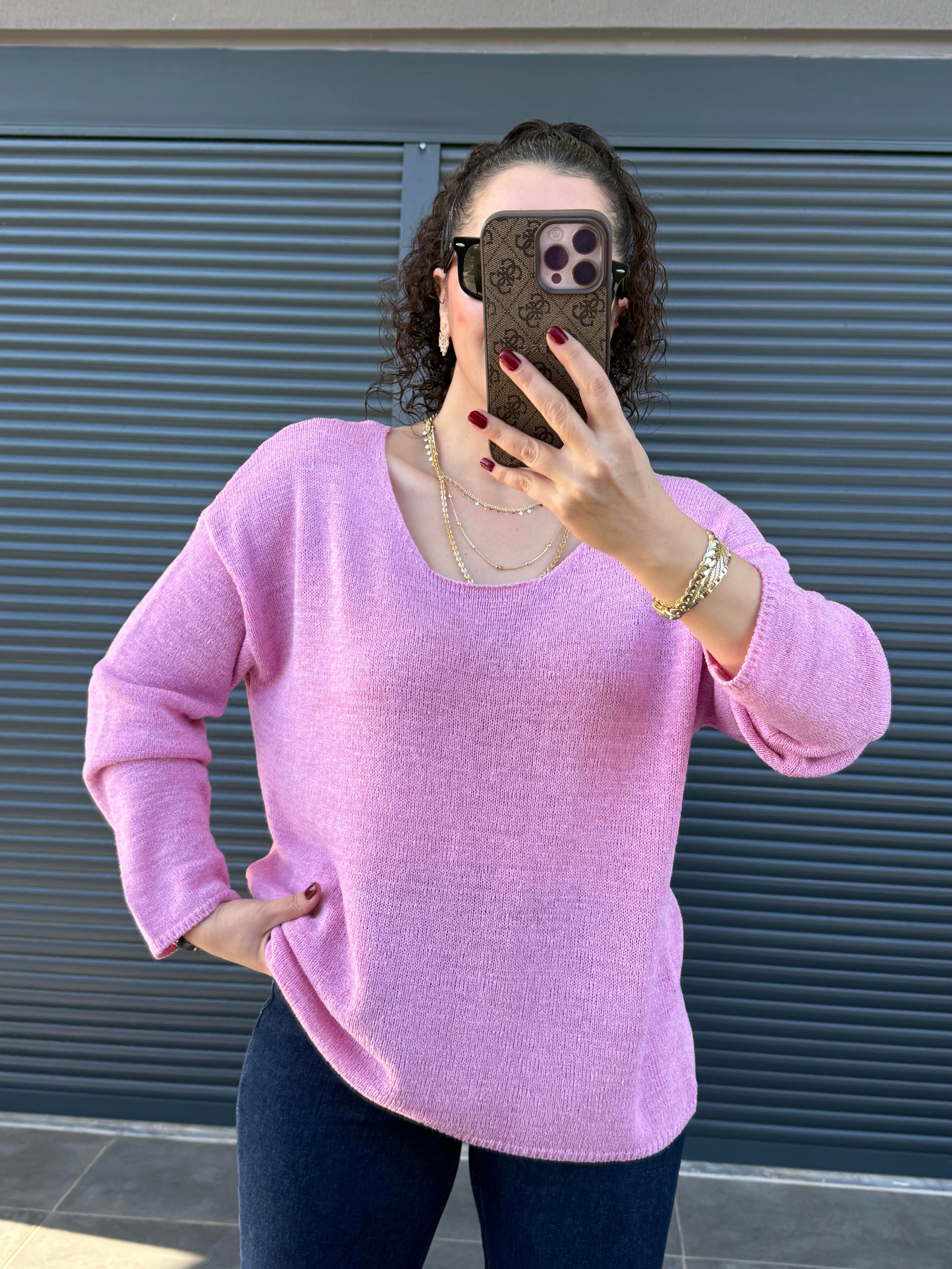 Dilvin Oval Yaka Yumuşak Dokulu Triko Pembe