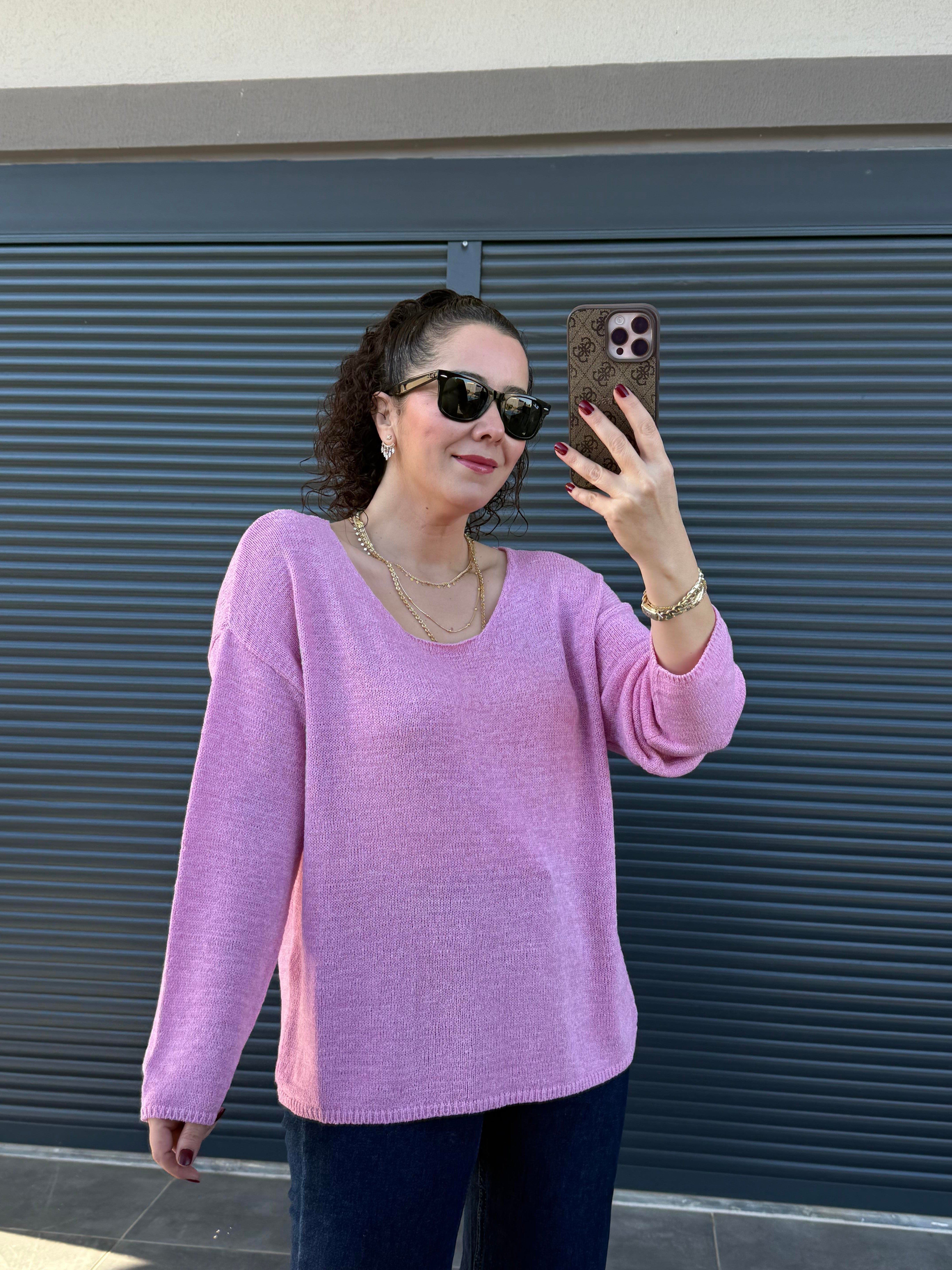Dilvin Oval Yaka Yumuşak Dokulu Triko Pembe