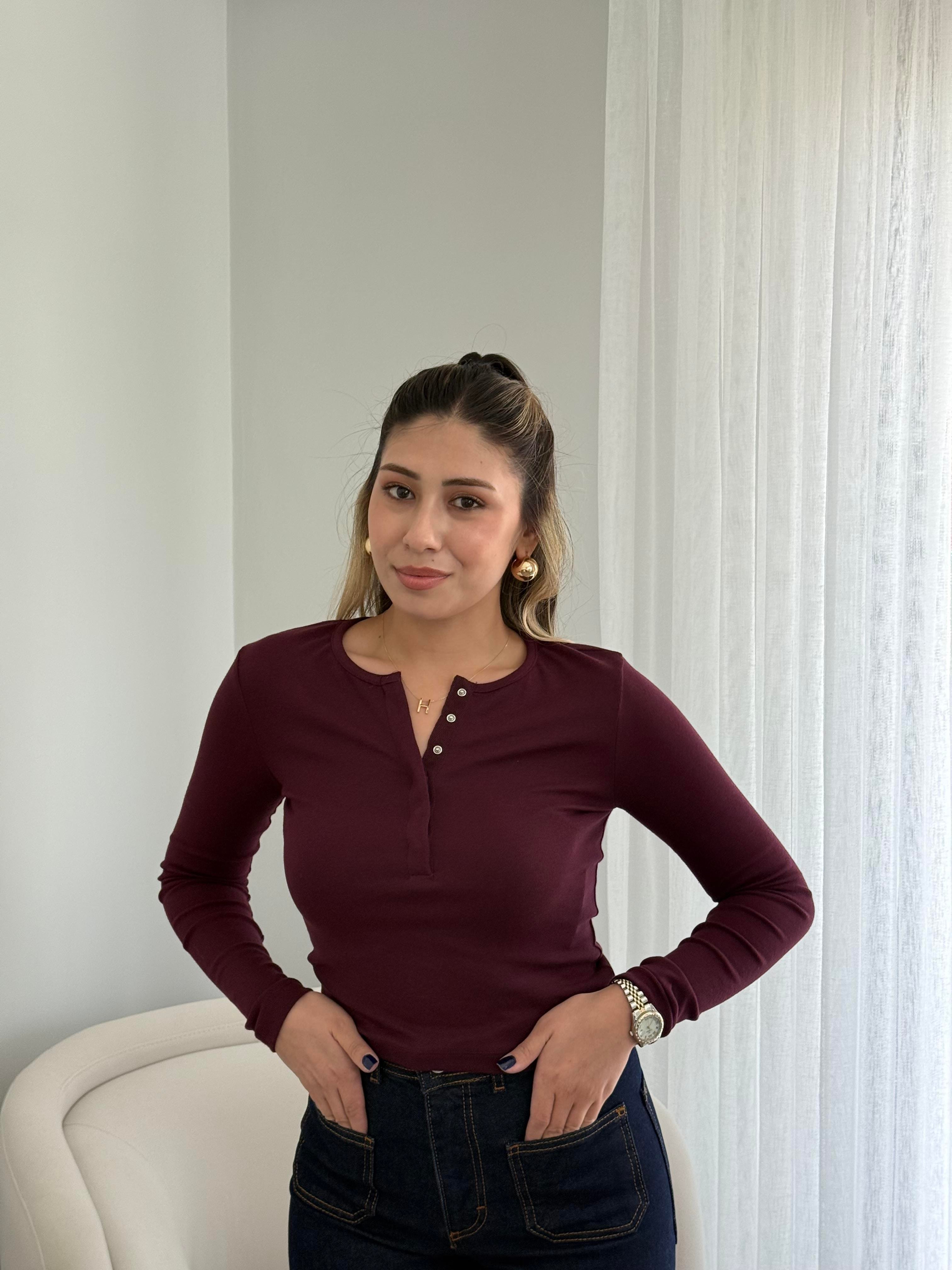 Dilvin Uzun Kollu Çıt Çıt Düğmeli Bluz Bordo