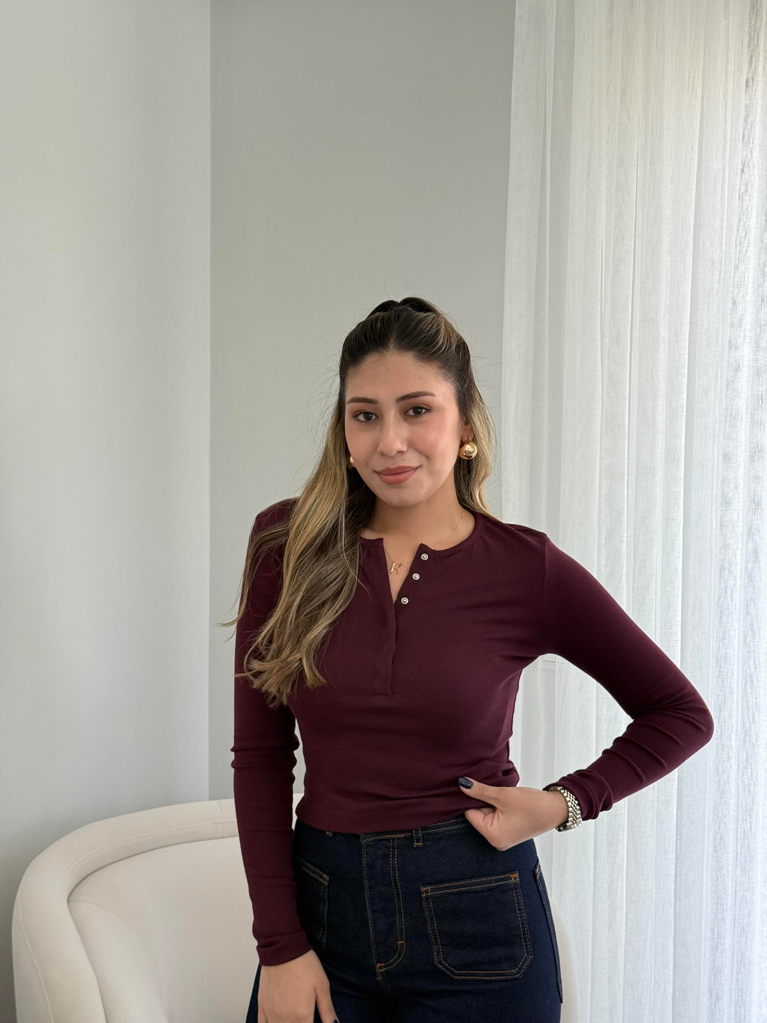 Dilvin Uzun Kollu Çıt Çıt Düğmeli Bluz Bordo