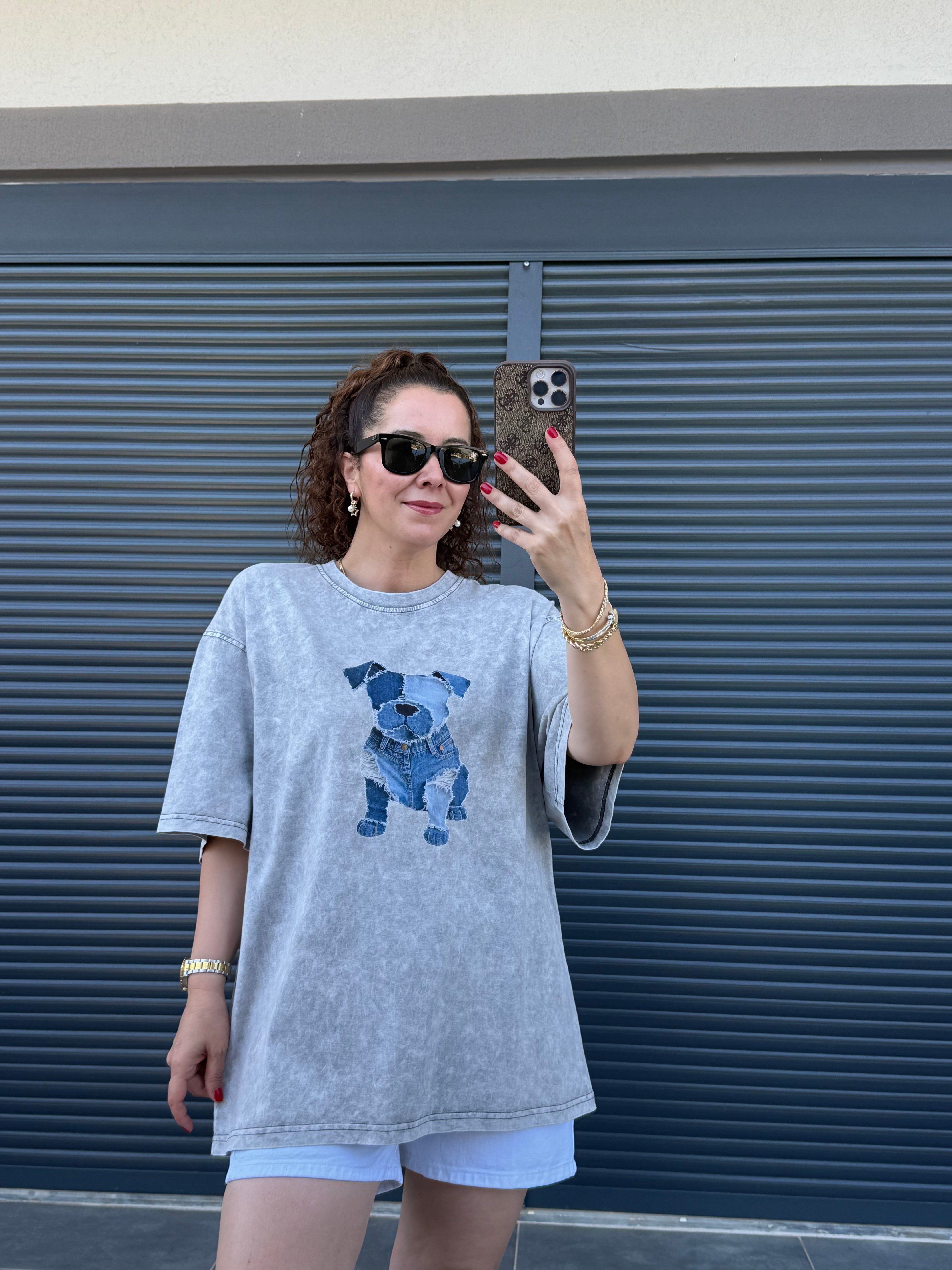 Eskitme Dog Oversize T-shirt Gri