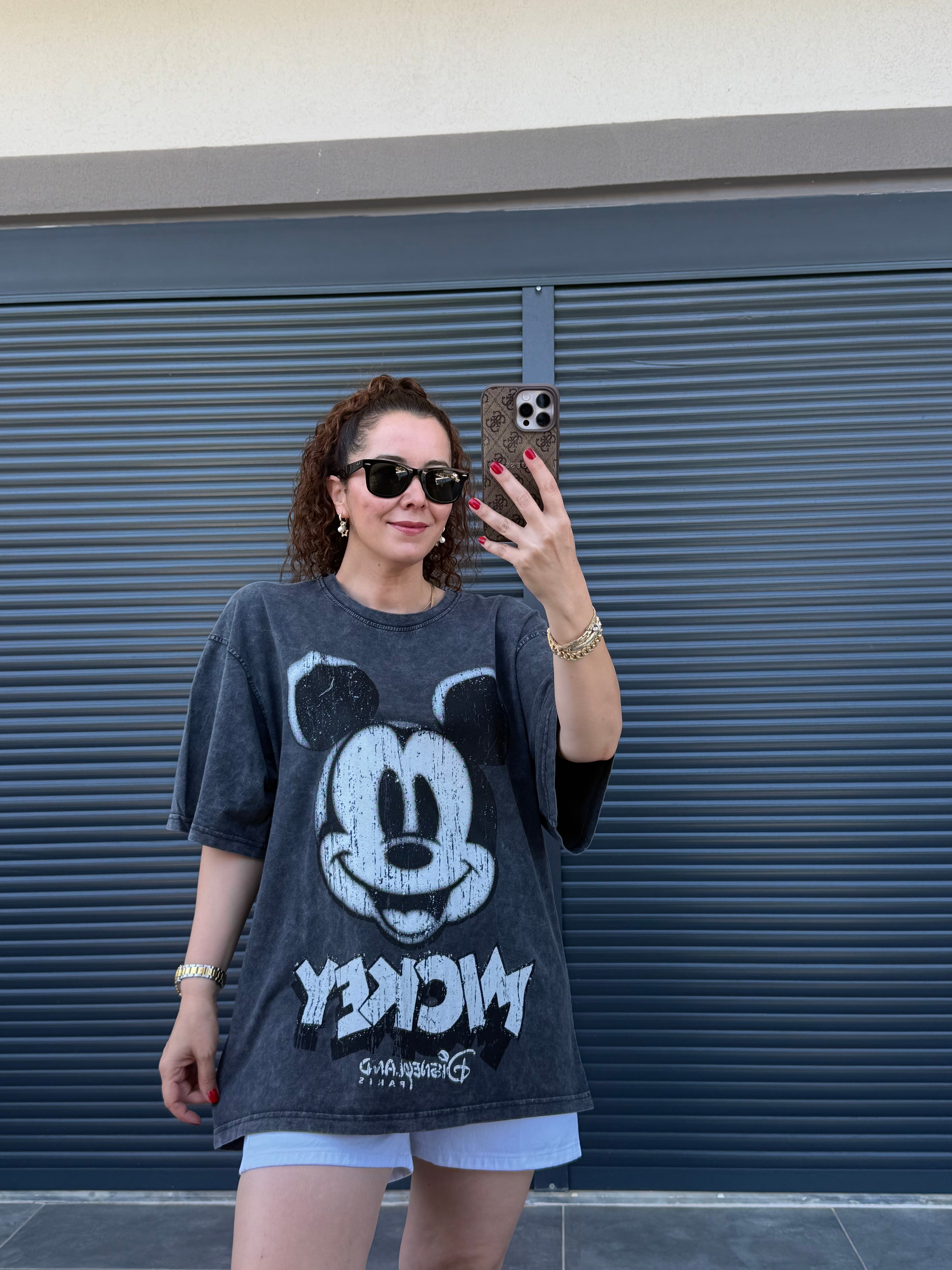 Eskitme Mickey Oversize T-shirt Antrasit