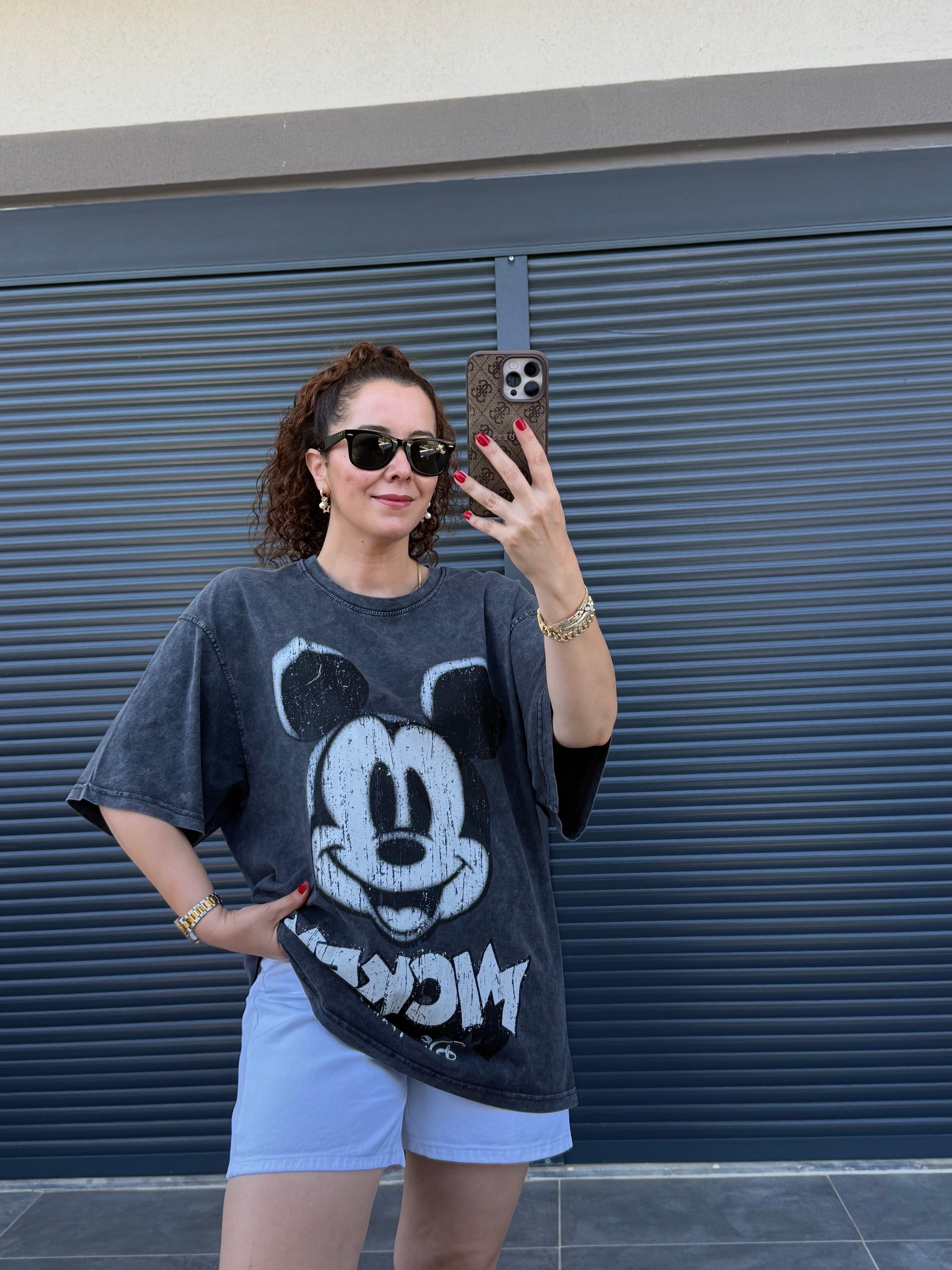 Eskitme Mickey Oversize T-shirt Antrasit