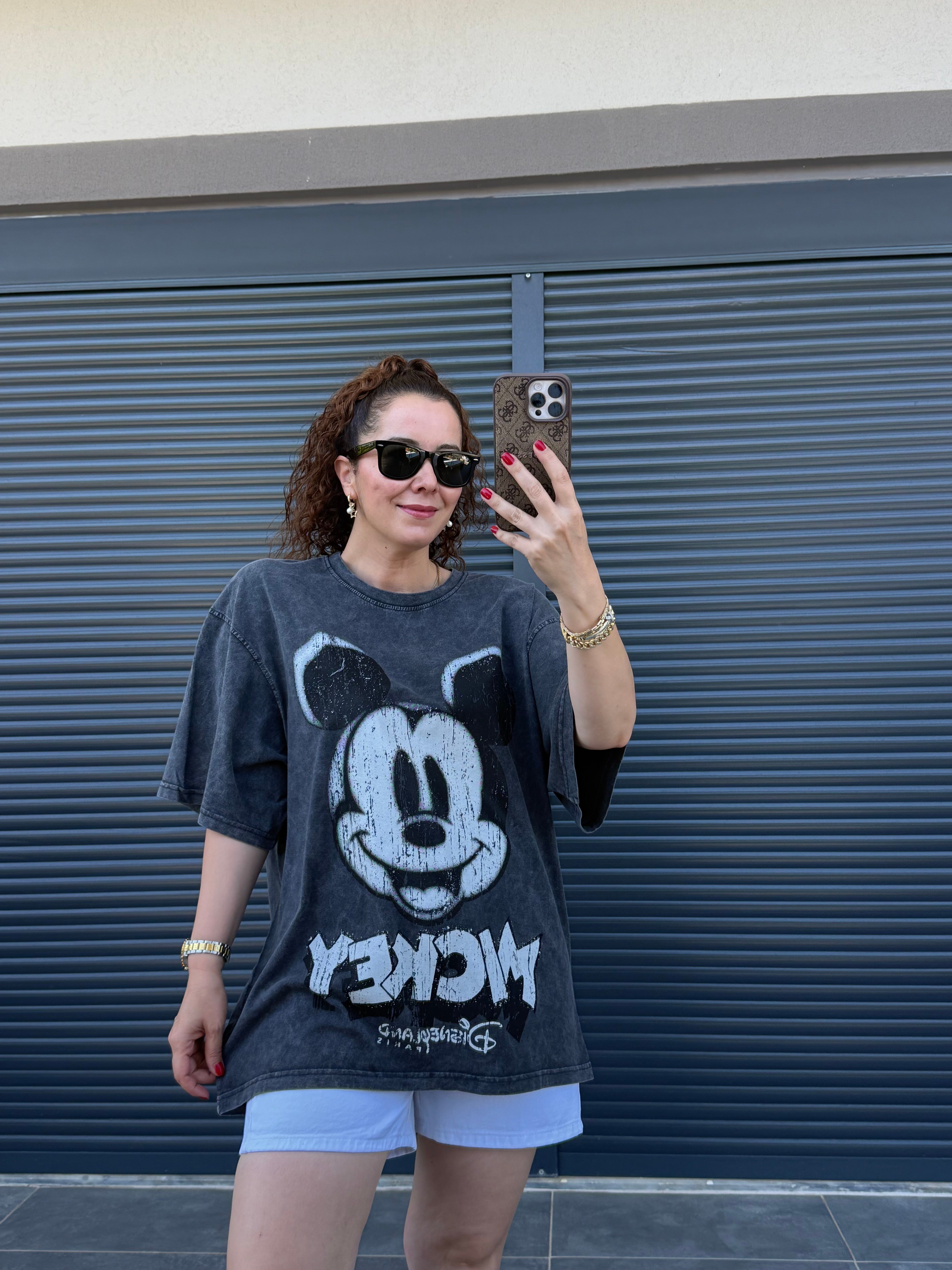 Eskitme Mickey Oversize T-shirt Antrasit