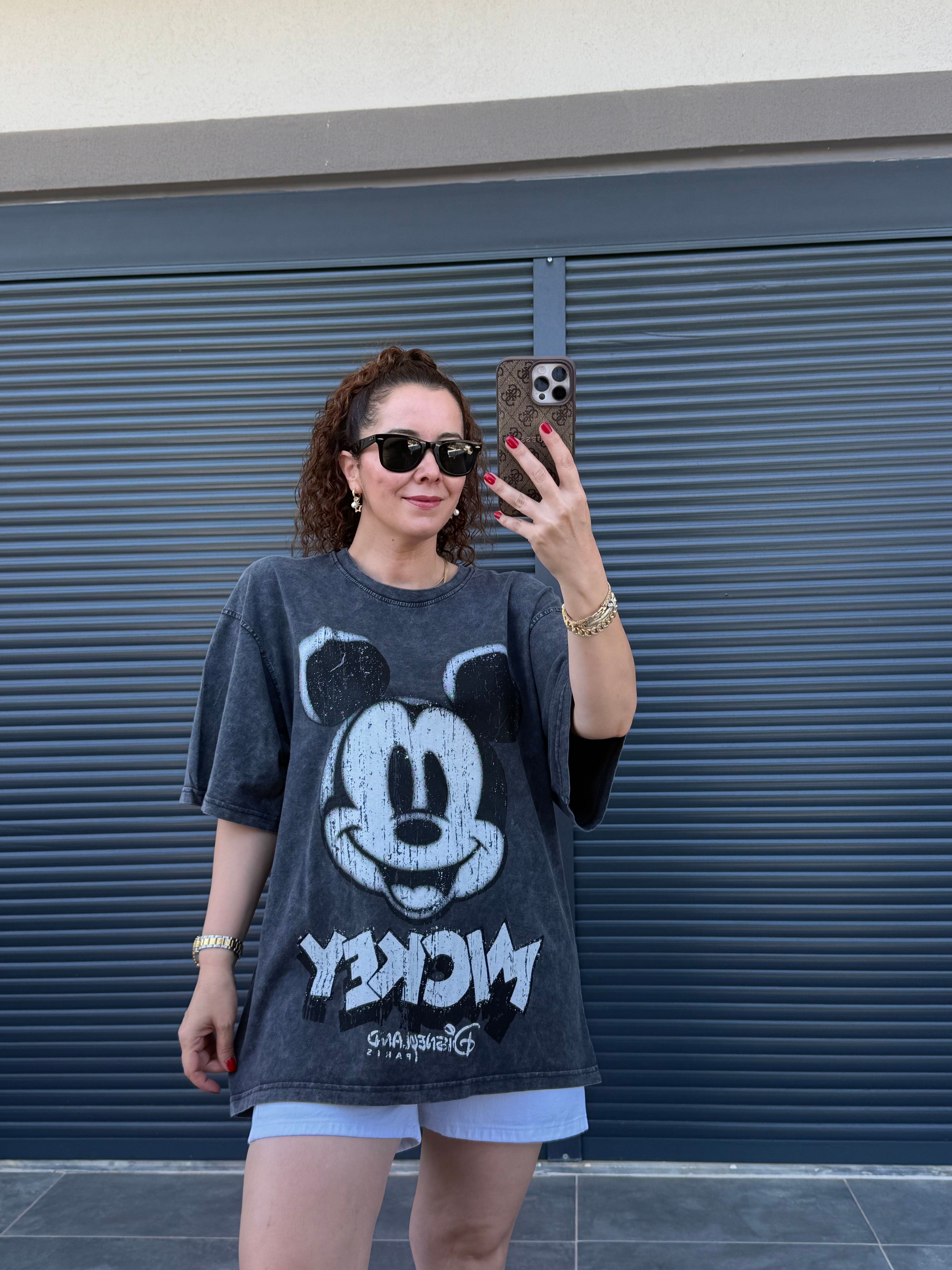 Eskitme Mickey Oversize T-shirt Antrasit