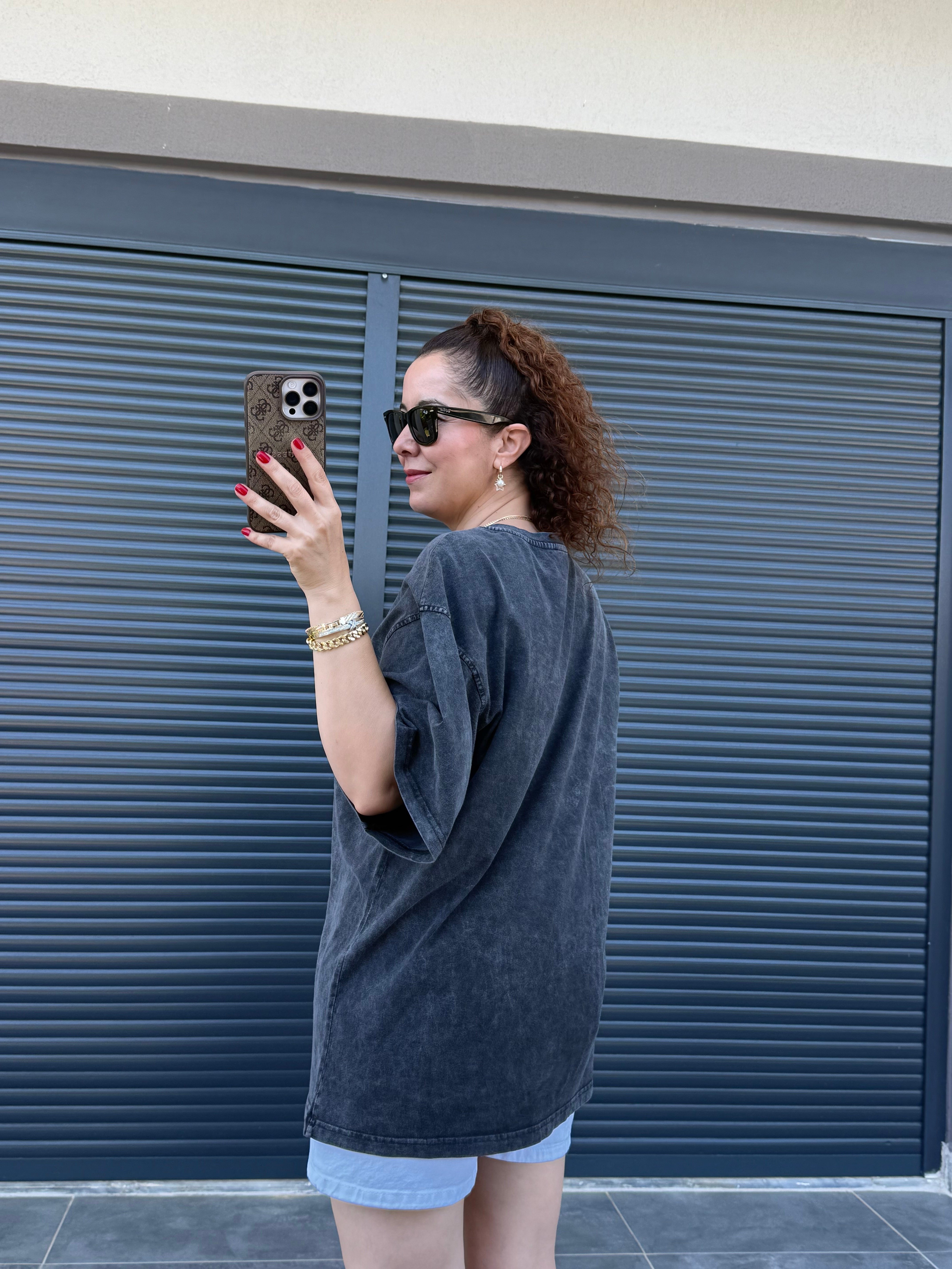 Eskitme Mickey Oversize T-shirt Antrasit