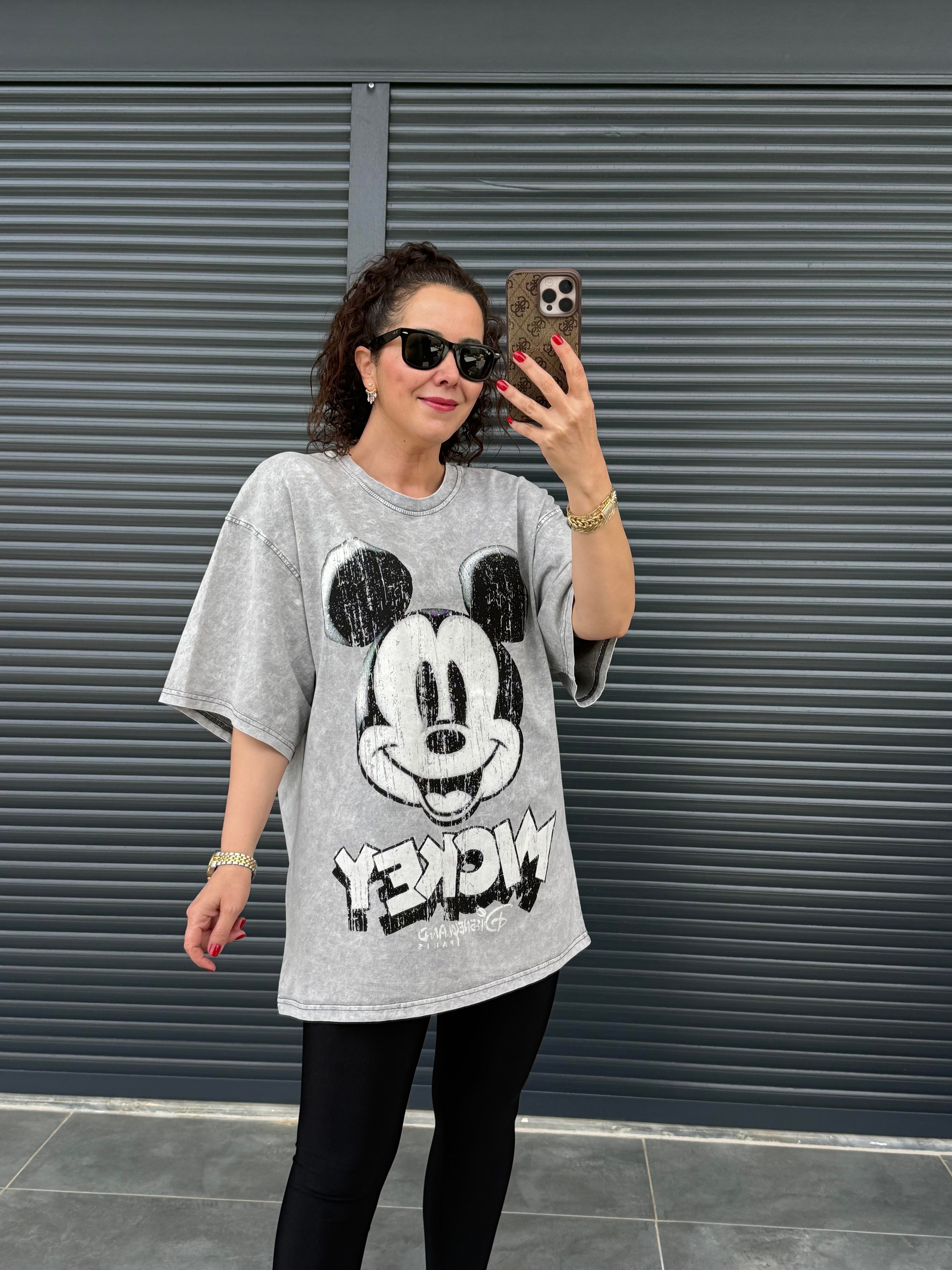 Eskitme Mickey Oversize T-shirt Gri