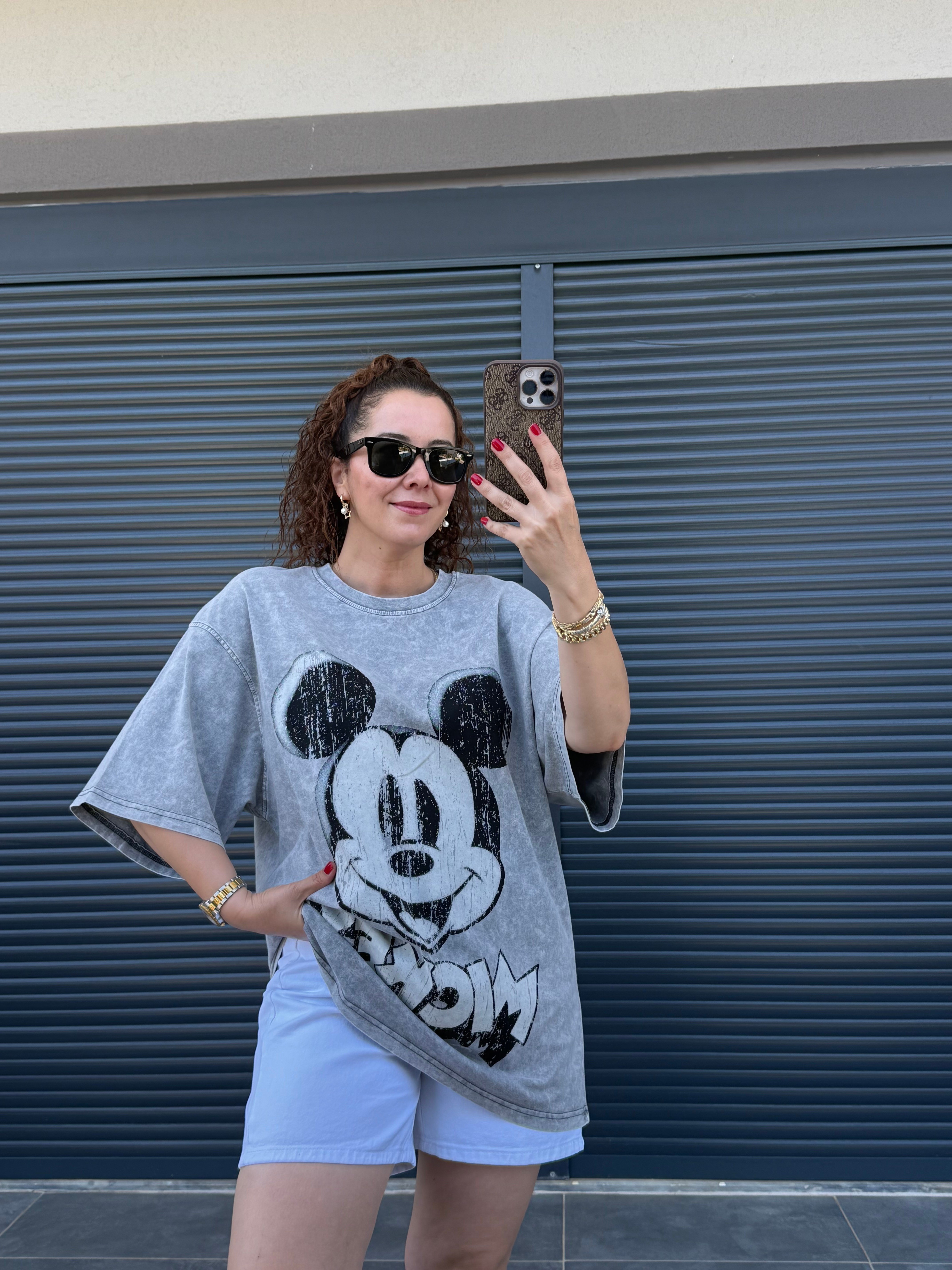 Eskitme Mickey Oversize T-shirt Gri