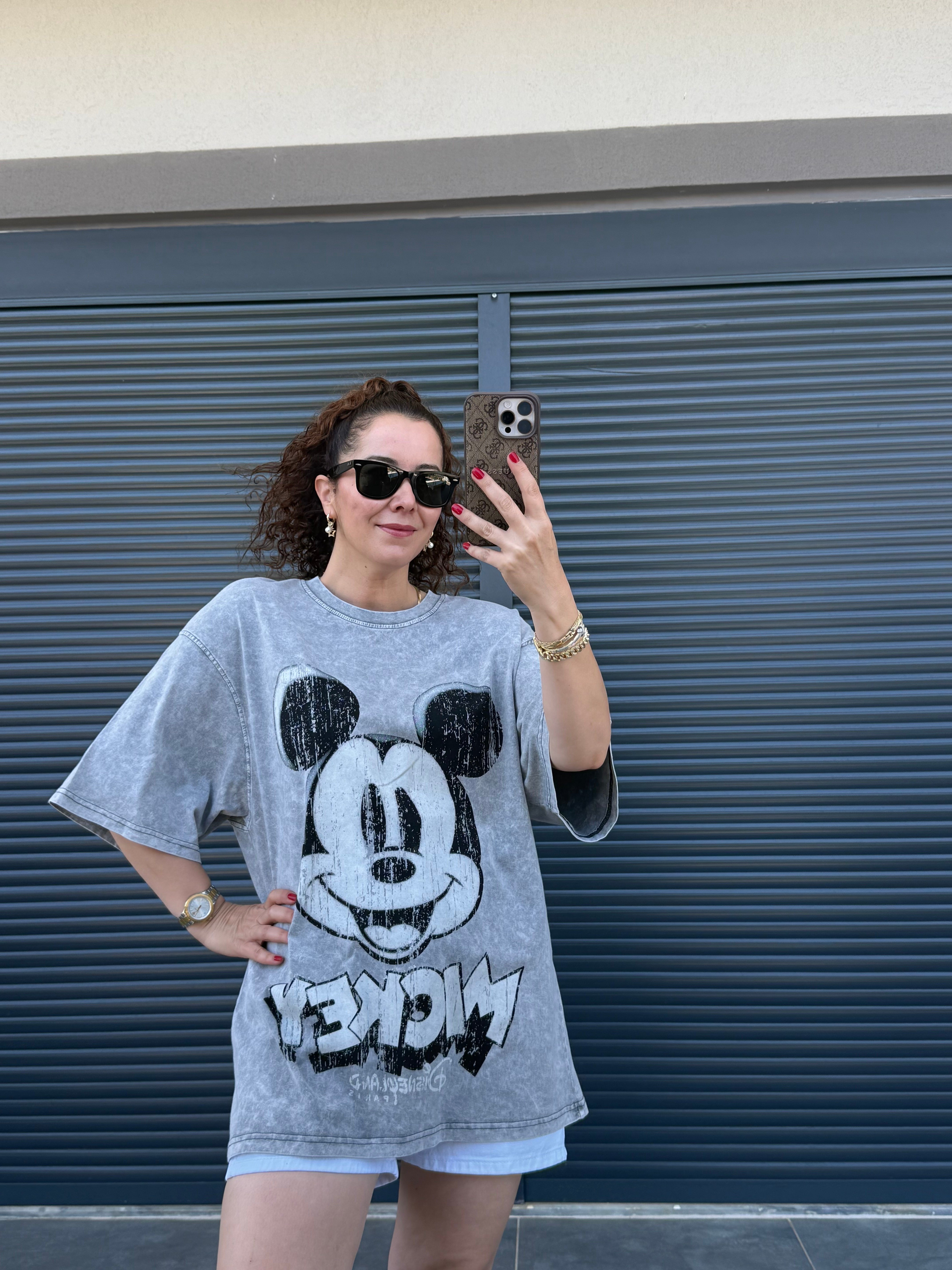 Eskitme Mickey Oversize T-shirt Gri