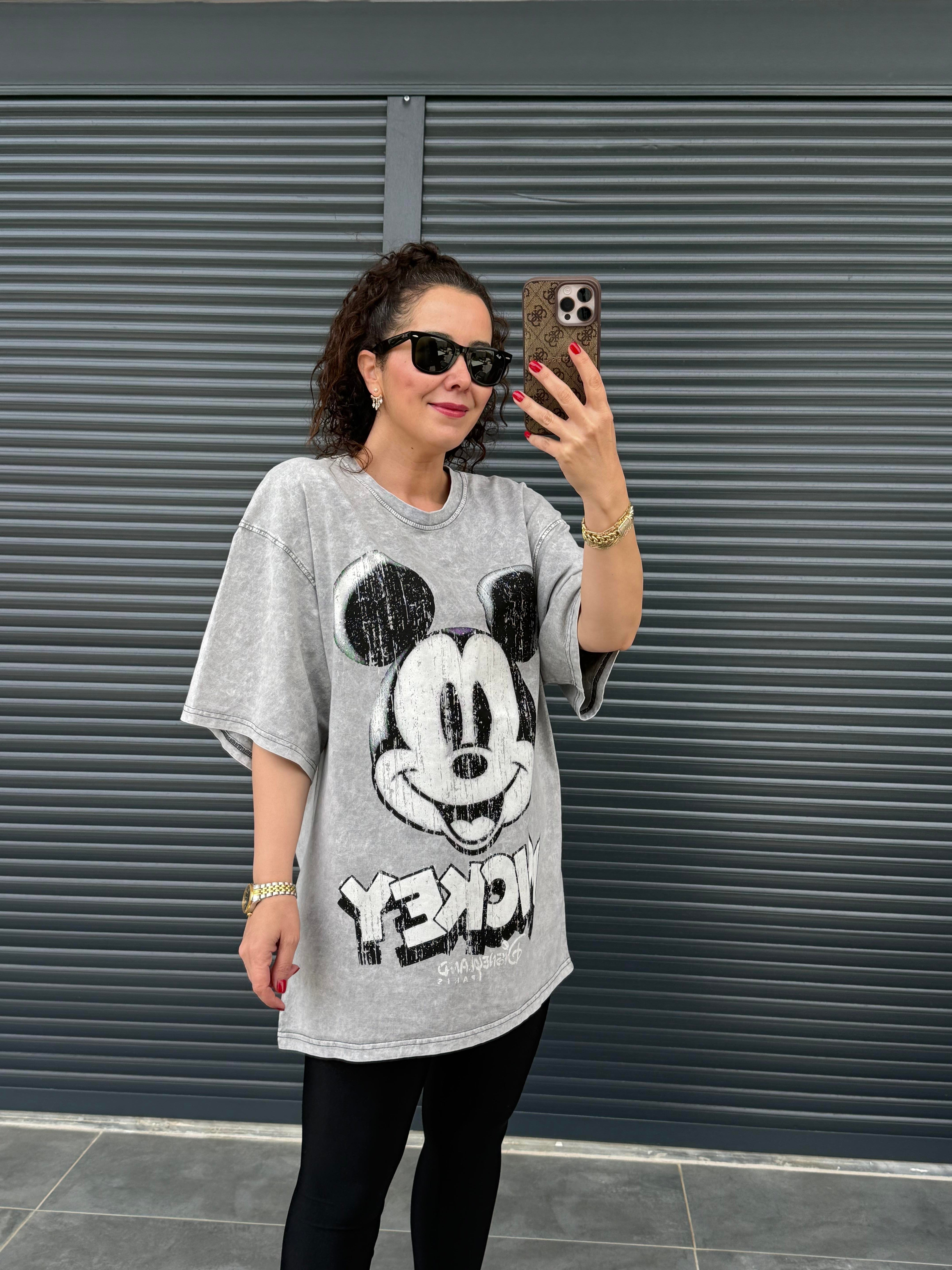 Eskitme Mickey Oversize T-shirt Gri