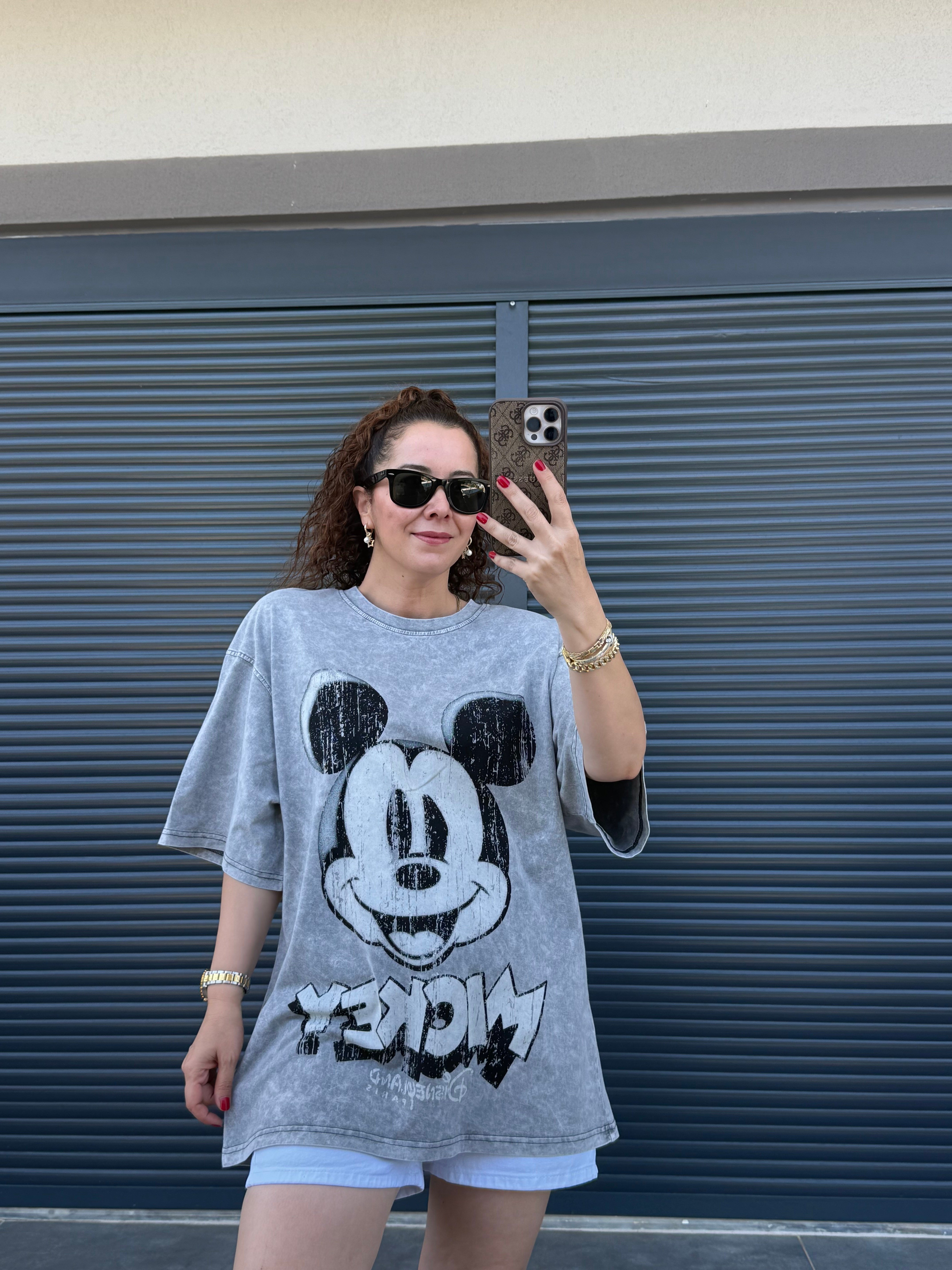 Eskitme Mickey Oversize T-shirt Gri