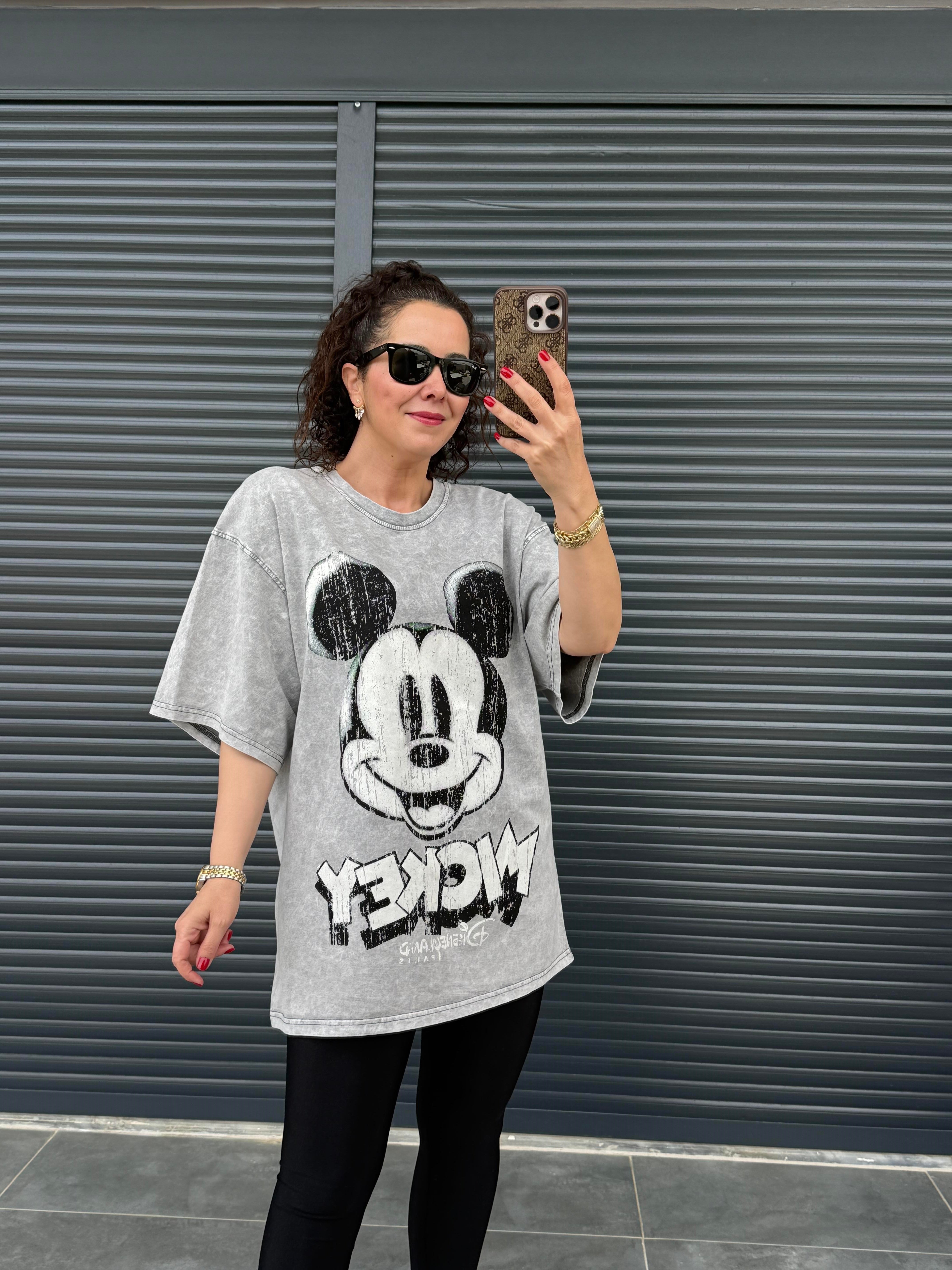 Eskitme Mickey Oversize T-shirt Gri