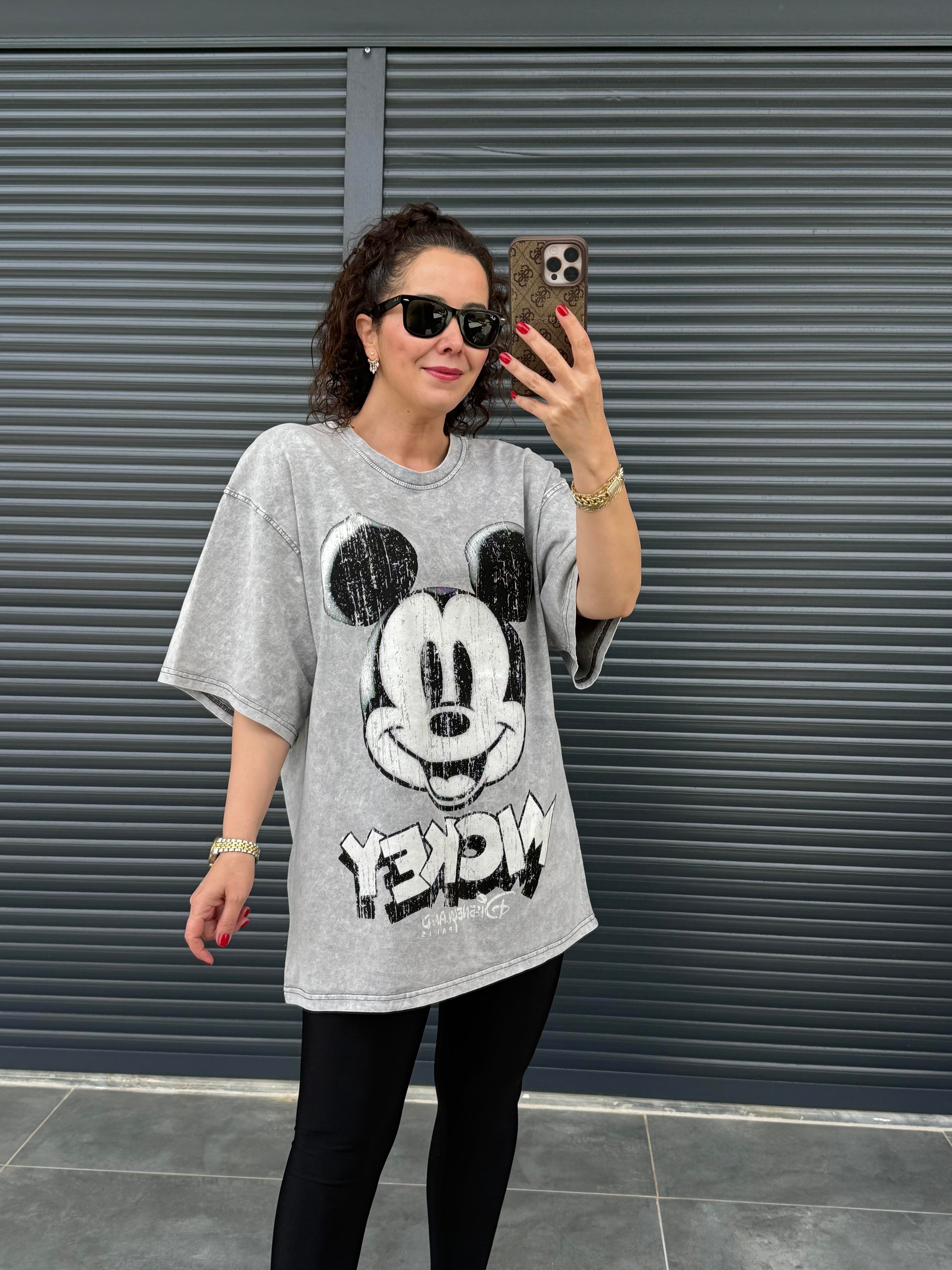 Eskitme Mickey Oversize T-shirt Gri