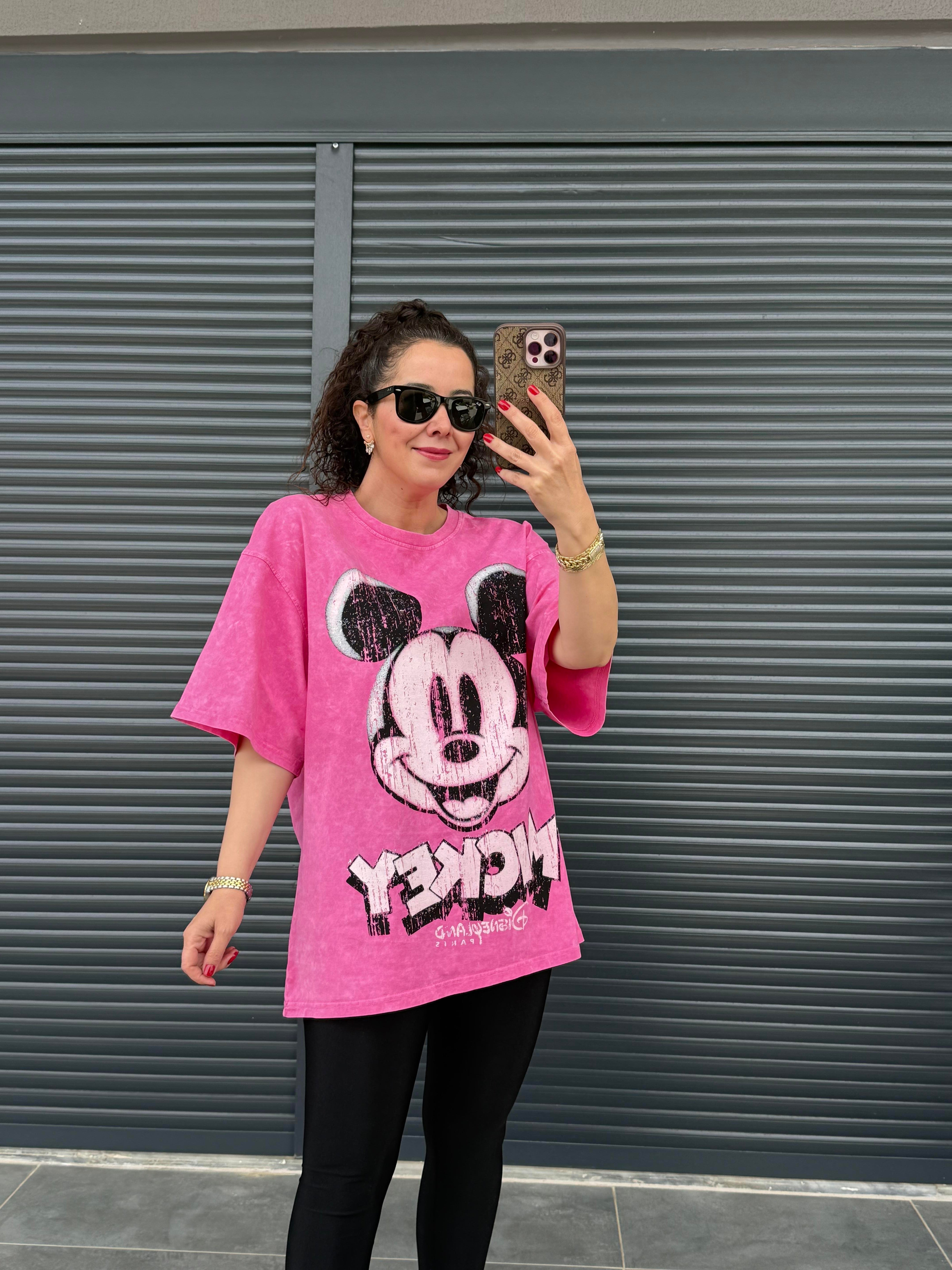Eskitme Mickey Oversize T-shirt Pembe
