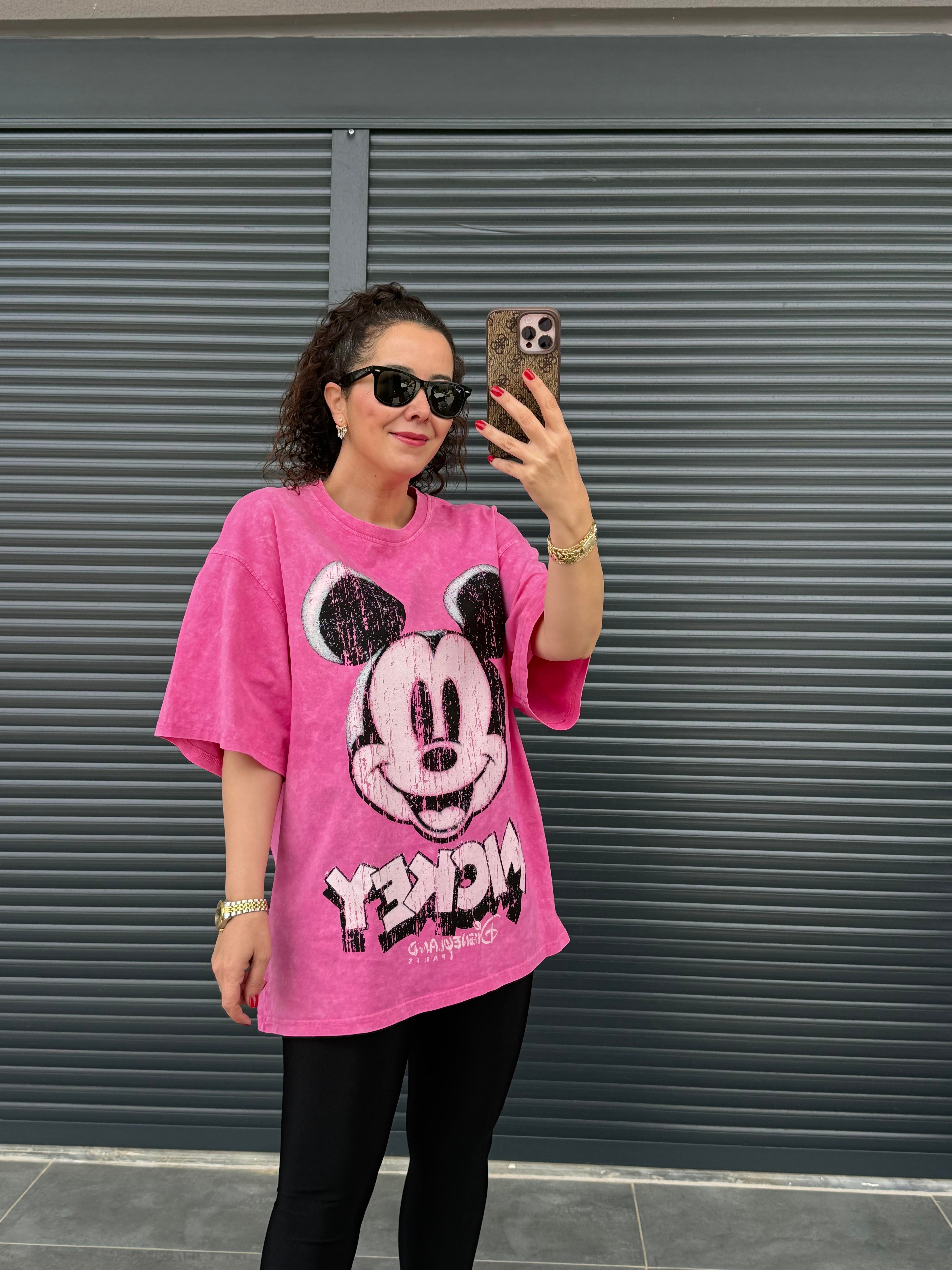 Eskitme Mickey Oversize T-shirt Pembe