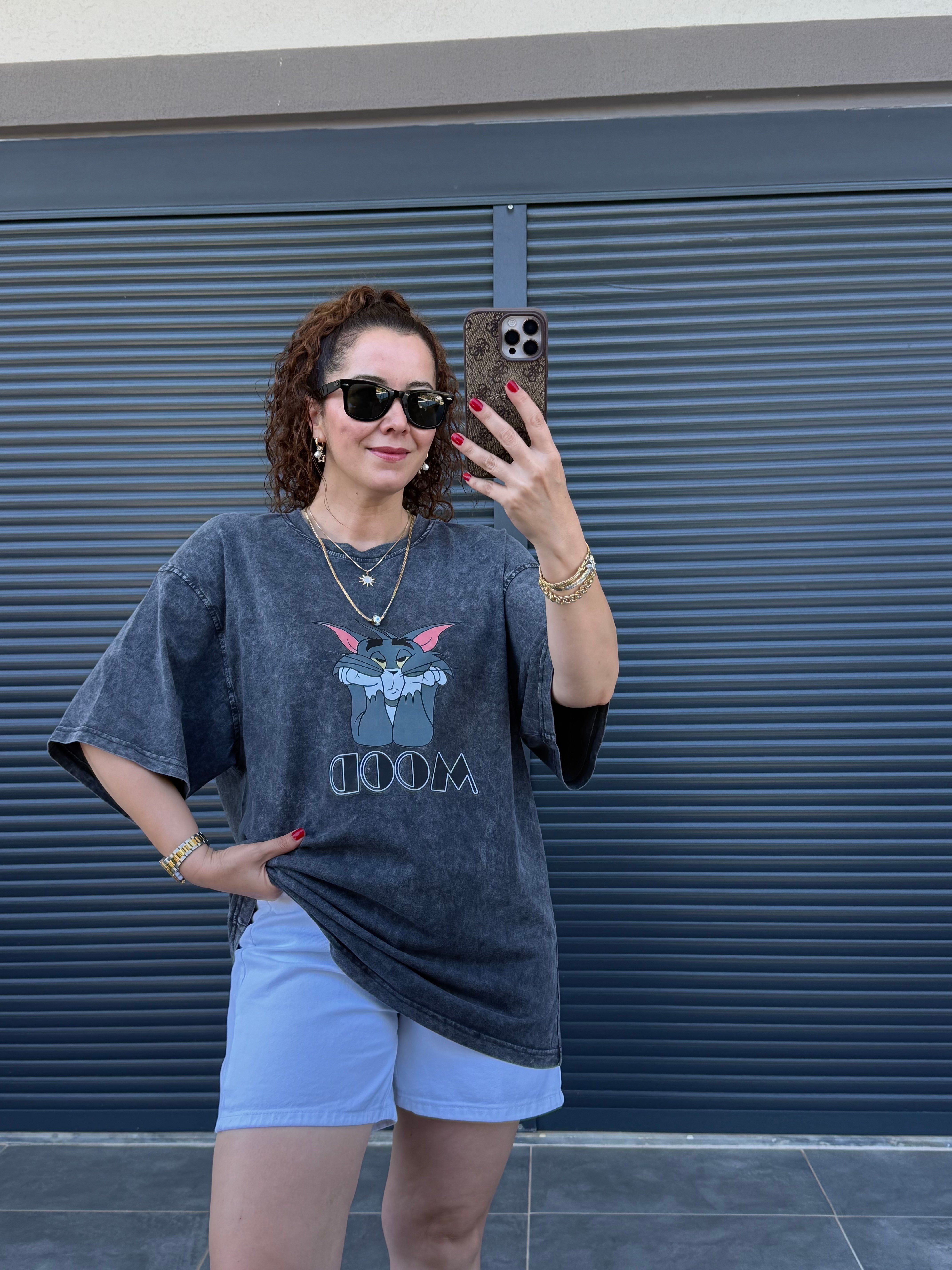 Eskitme Tom Oversize T-shirt Gri