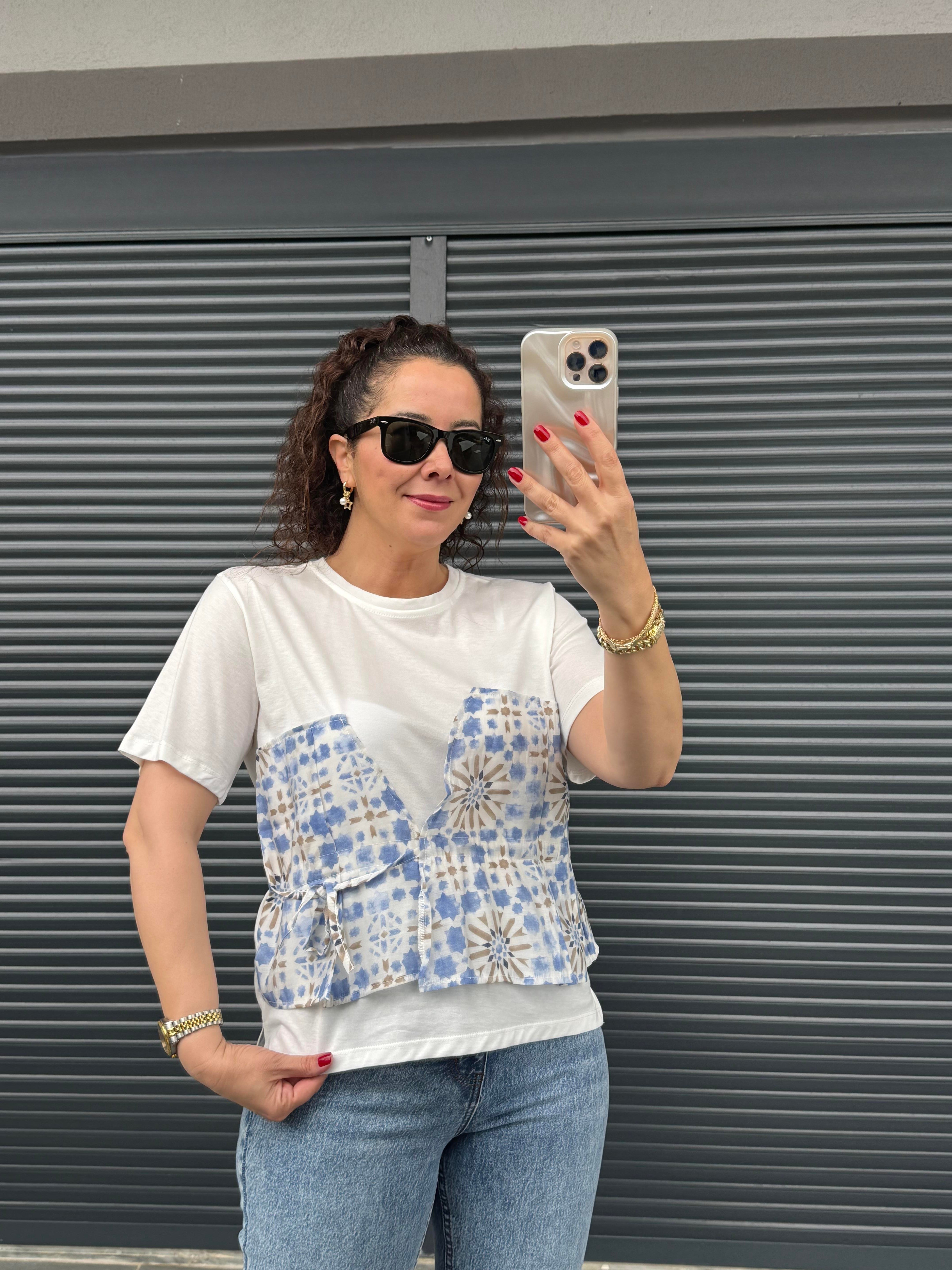 Etnik Desenli Tasarım T-shirt Mavi