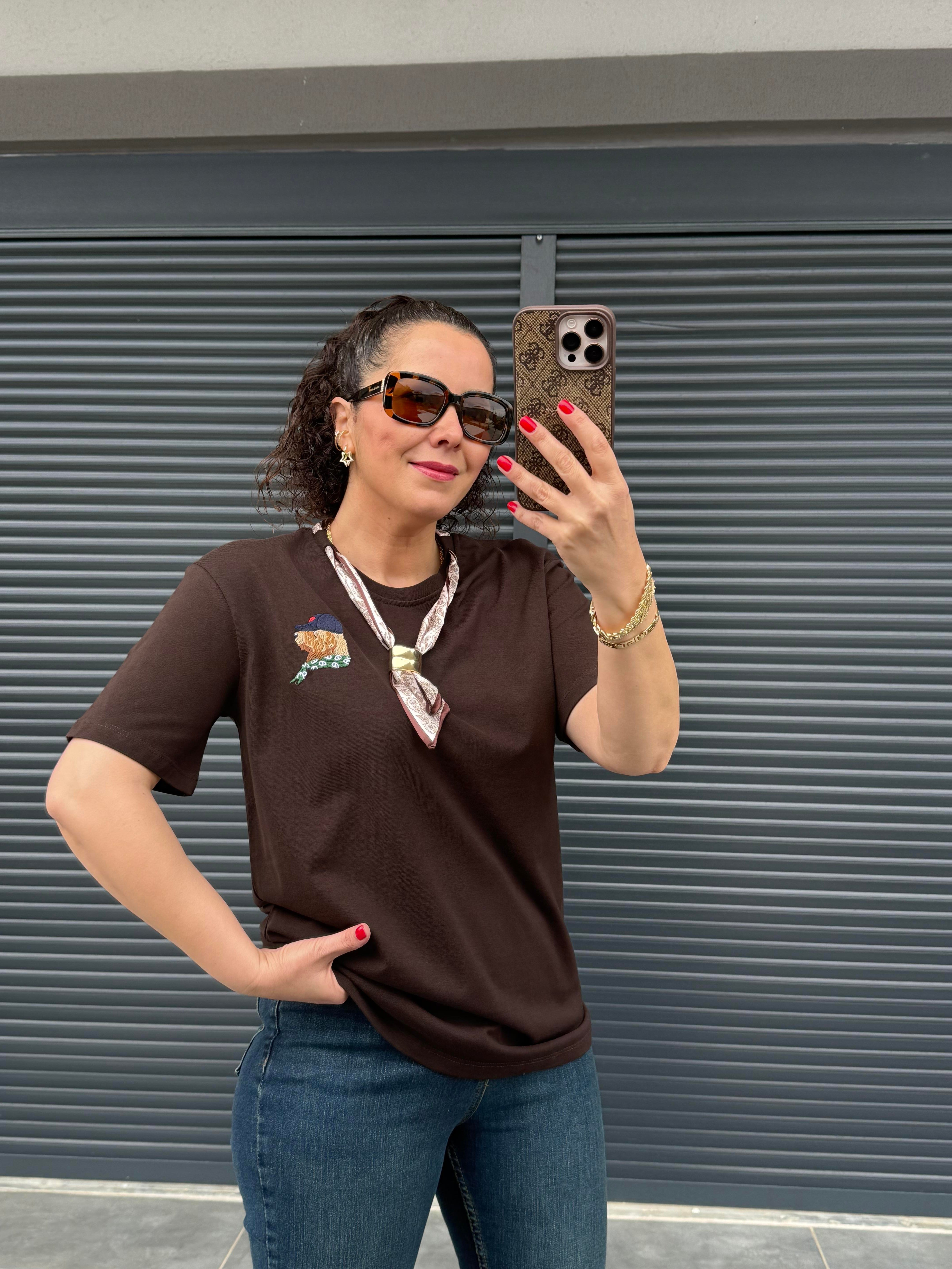 Fularlı Basıc T-shirt  Acı Kahve 