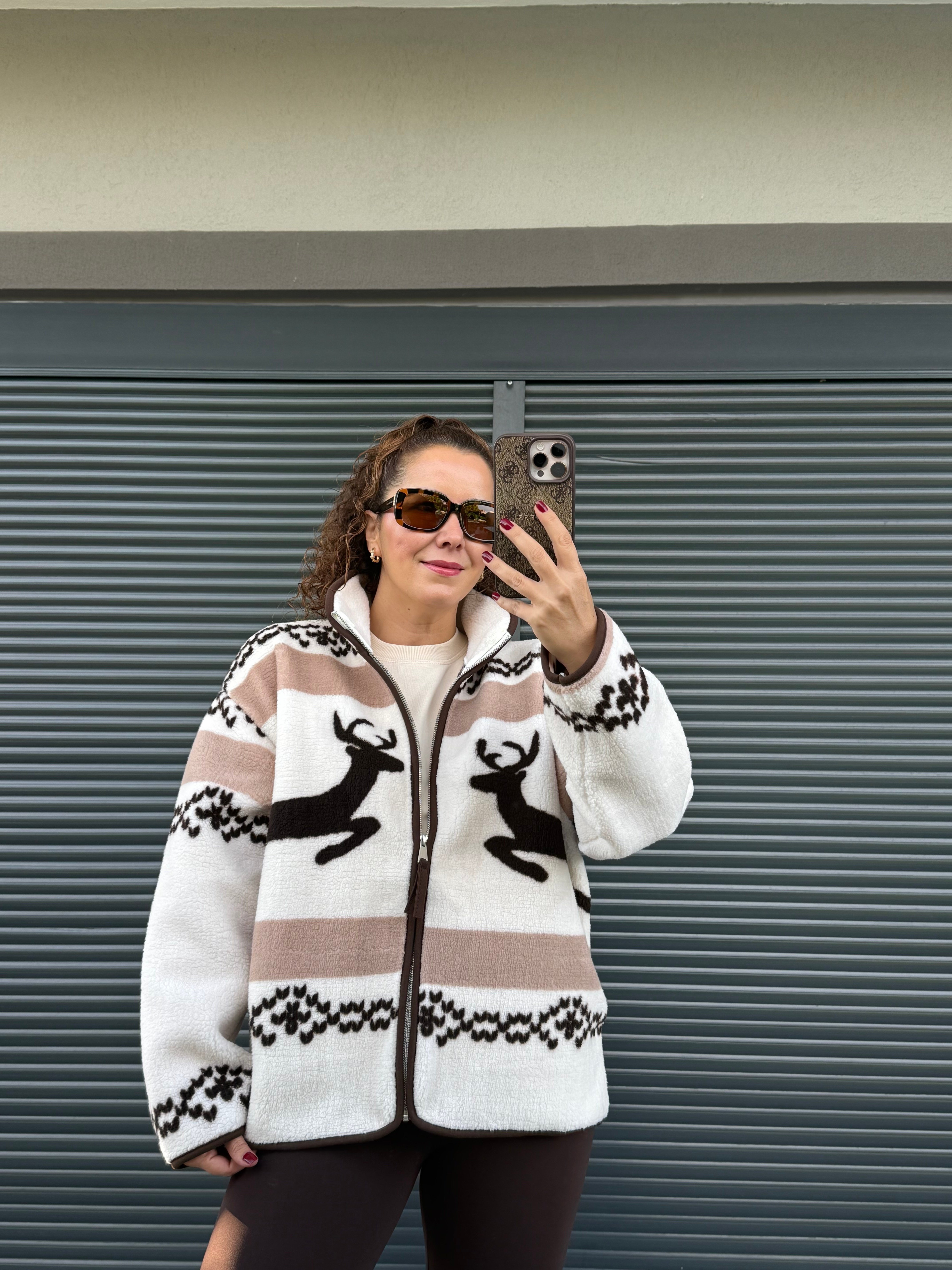 Geyik Temalı Fermuarlı Polar Sweat 