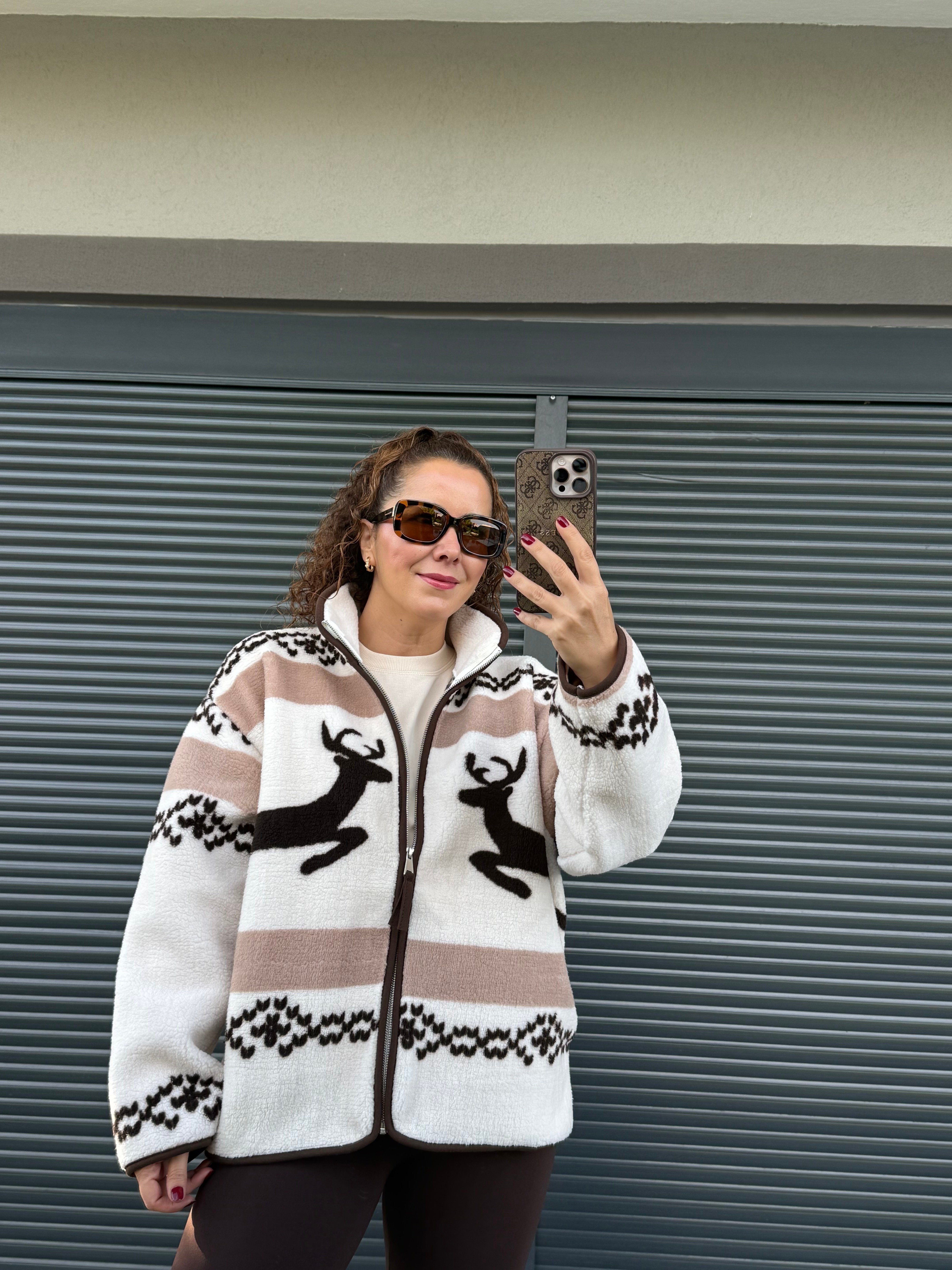 Geyik Temalı Fermuarlı Polar Sweat 