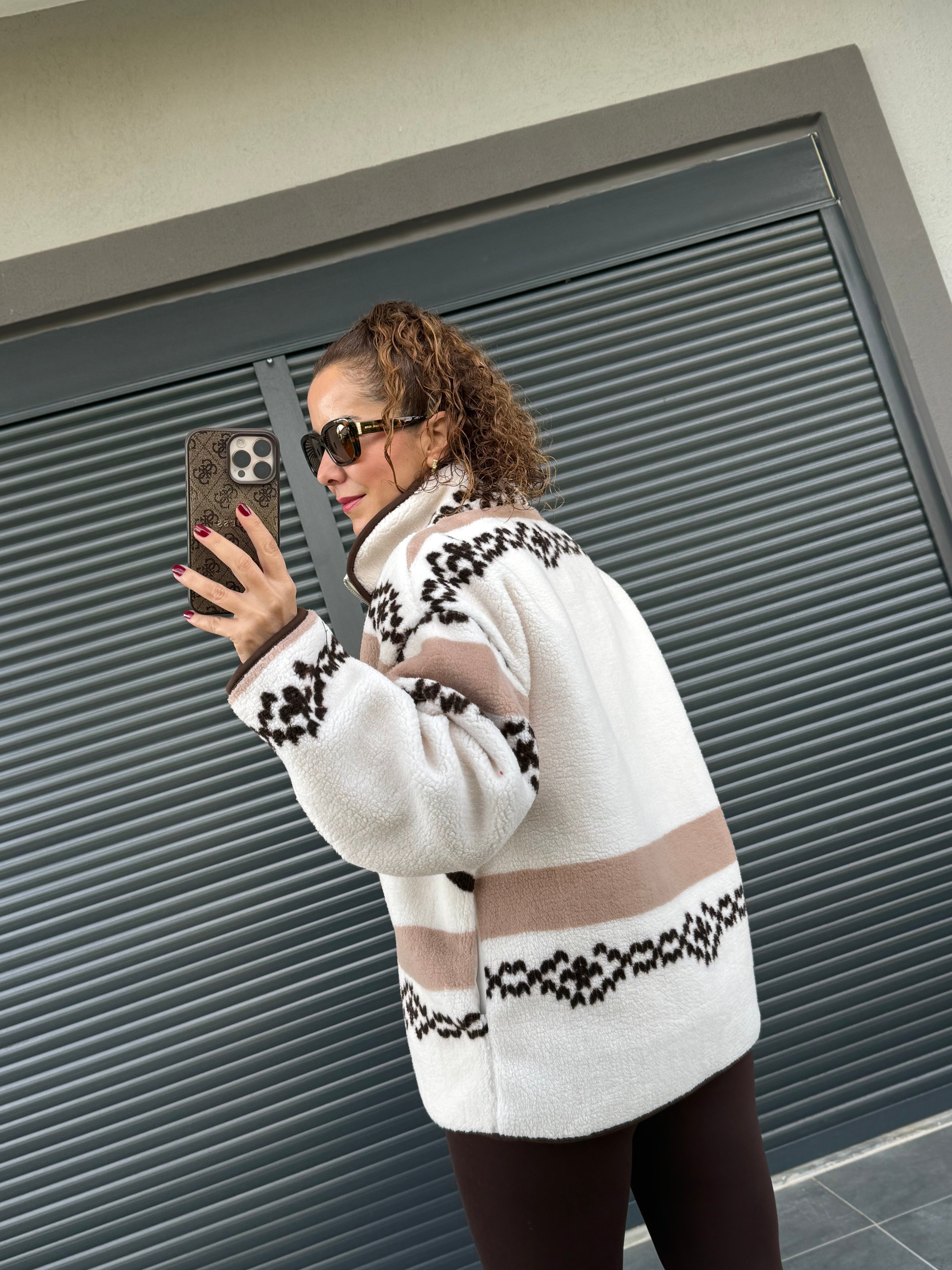 Geyik Temalı Fermuarlı Polar Sweat 
