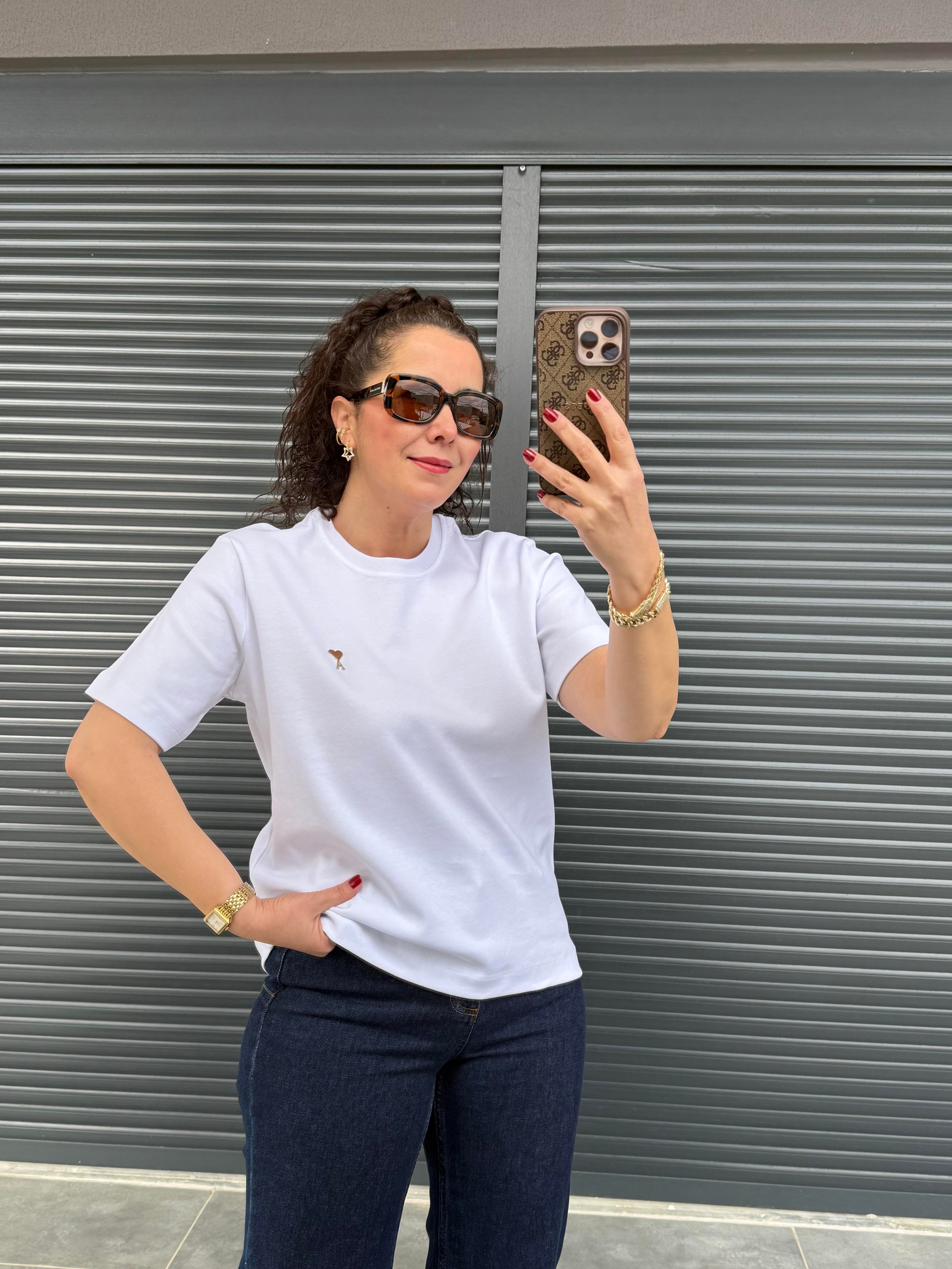 Gold Kalp Armalı Basıc T-shirt  Beyaz