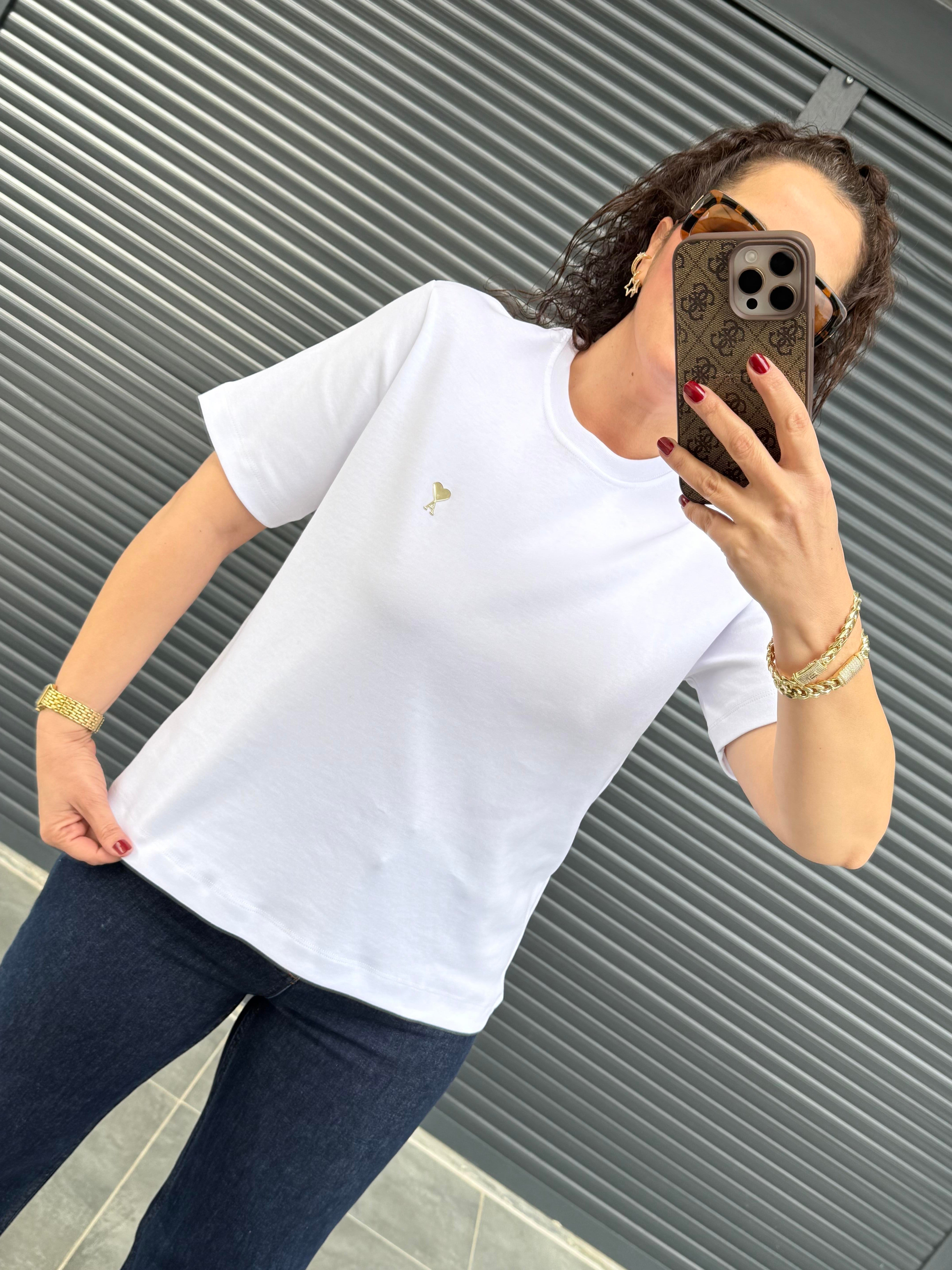 Gold Kalp Armalı Basıc T-shirt  Beyaz