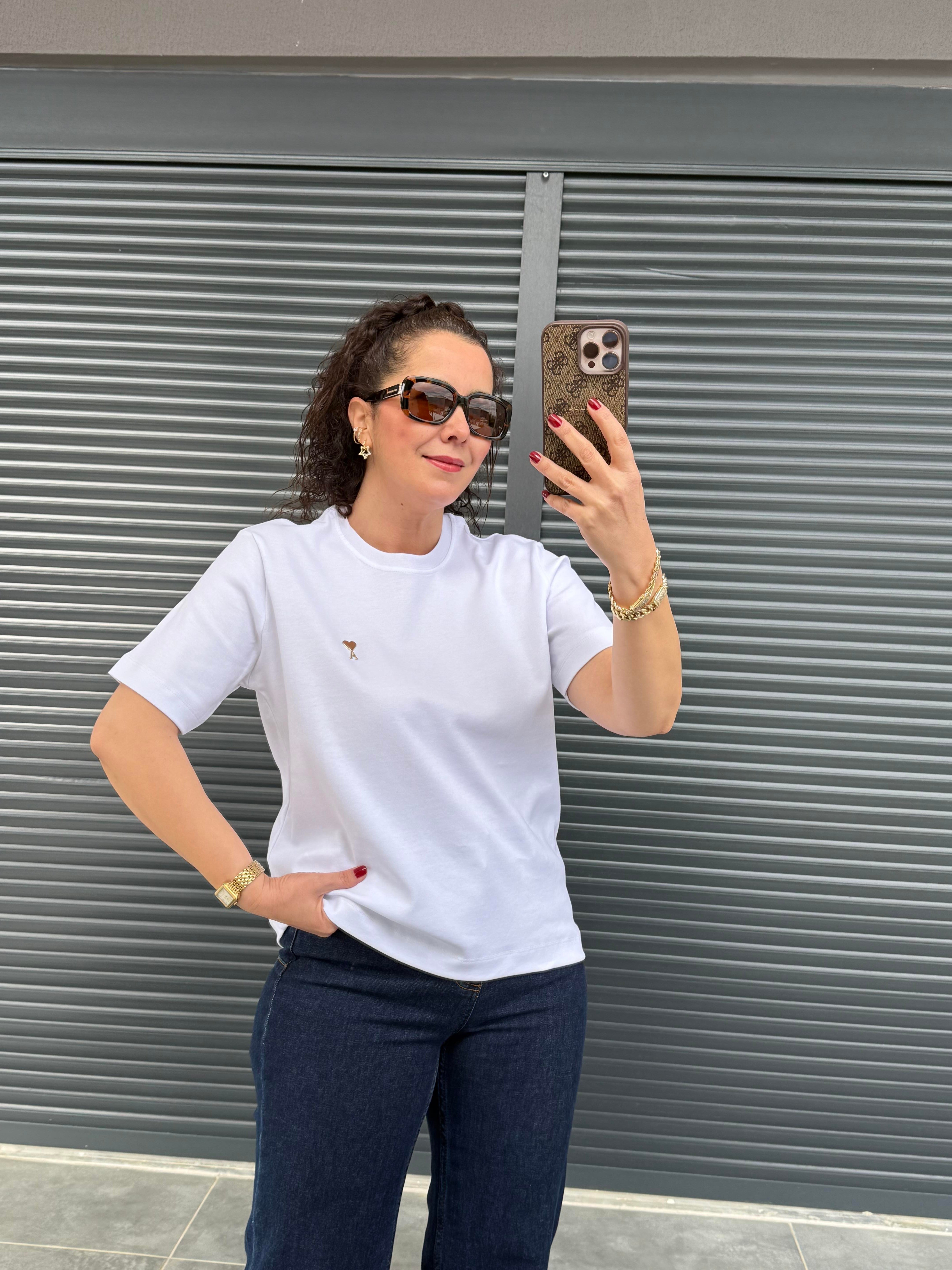 Gold Kalp Armalı Basıc T-shirt  Beyaz