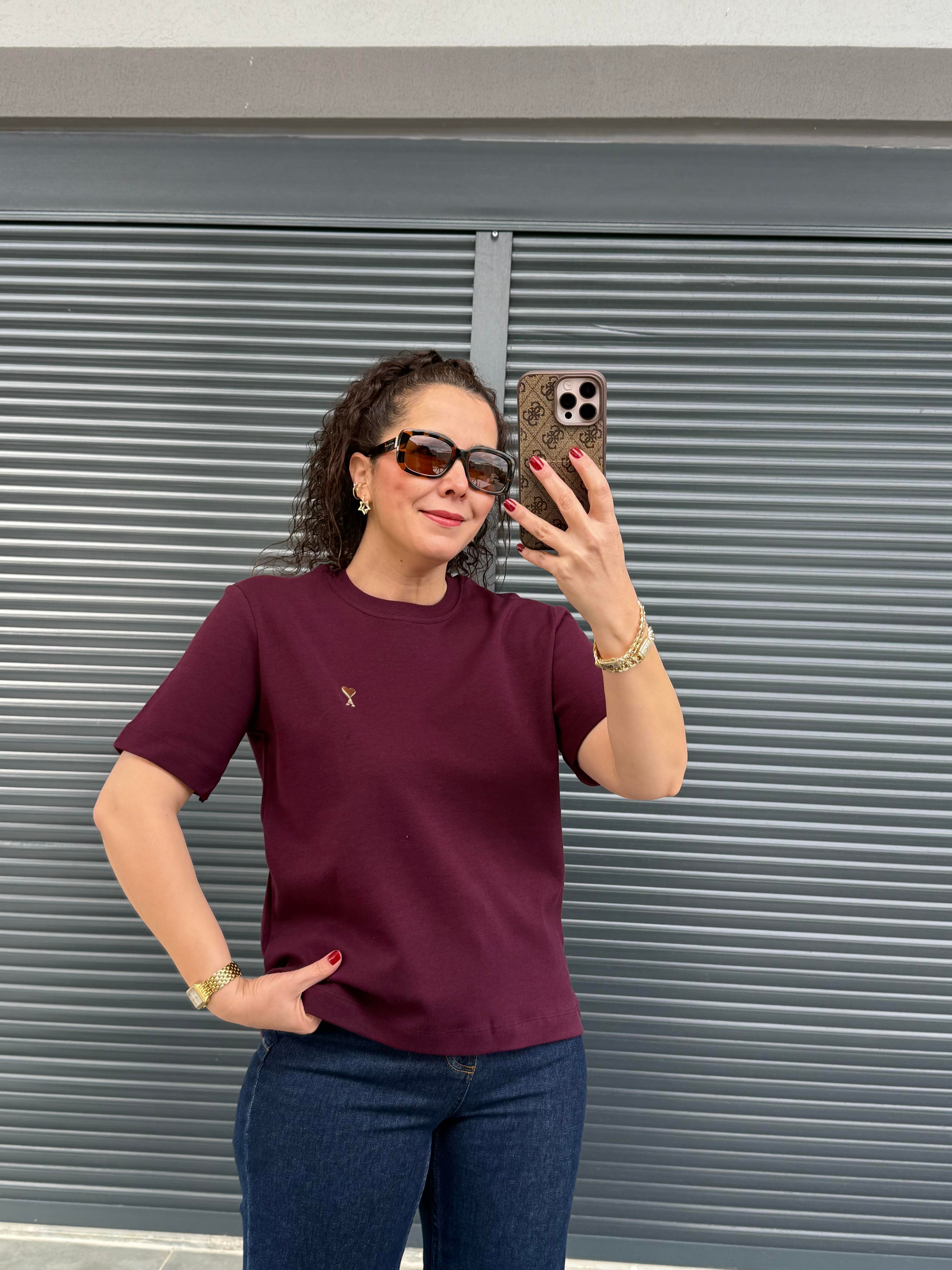 Gold Kalp Armalı Basıc T-shirt Mürdüm