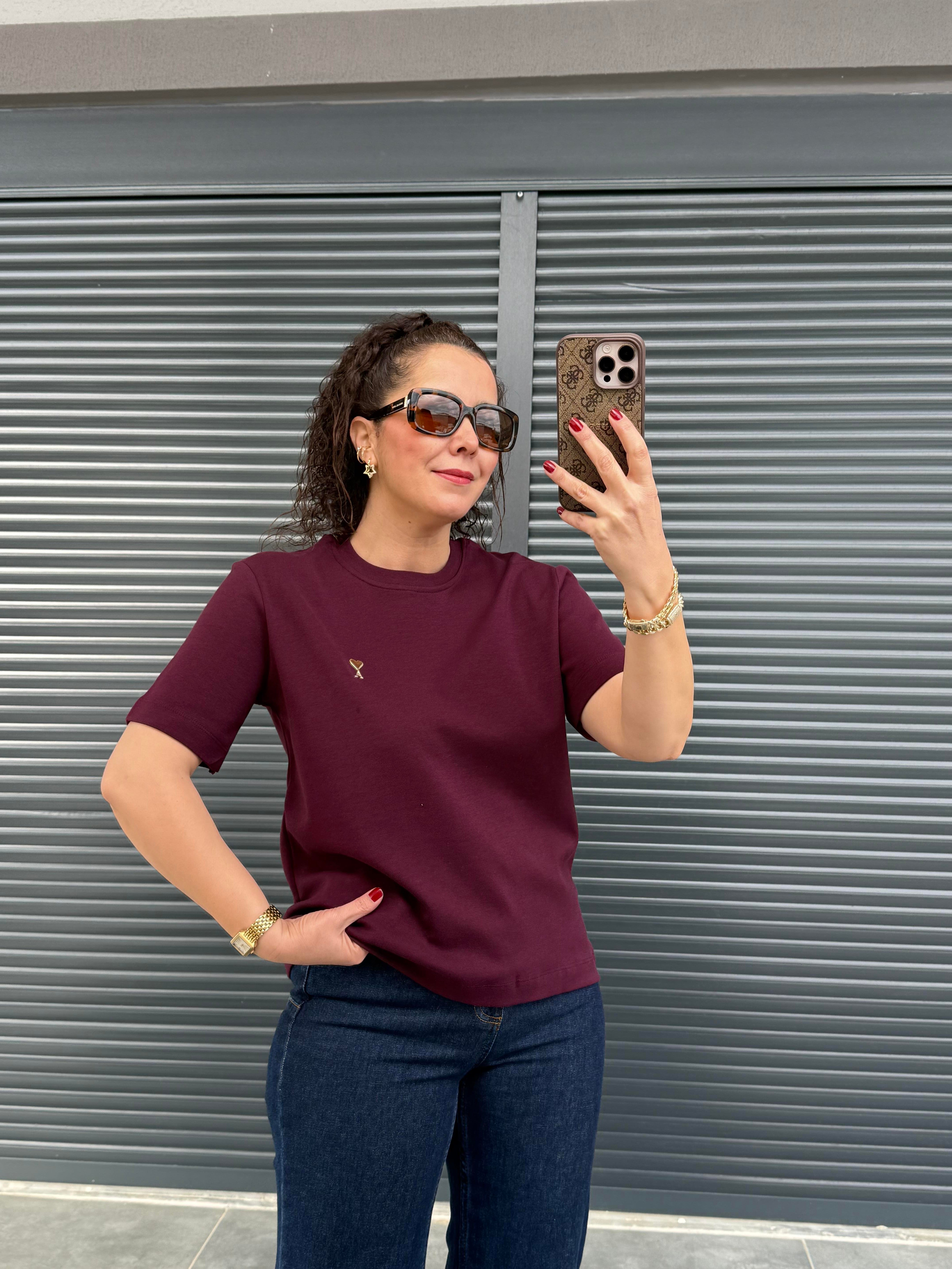 Gold Kalp Armalı Basıc T-shirt Mürdüm