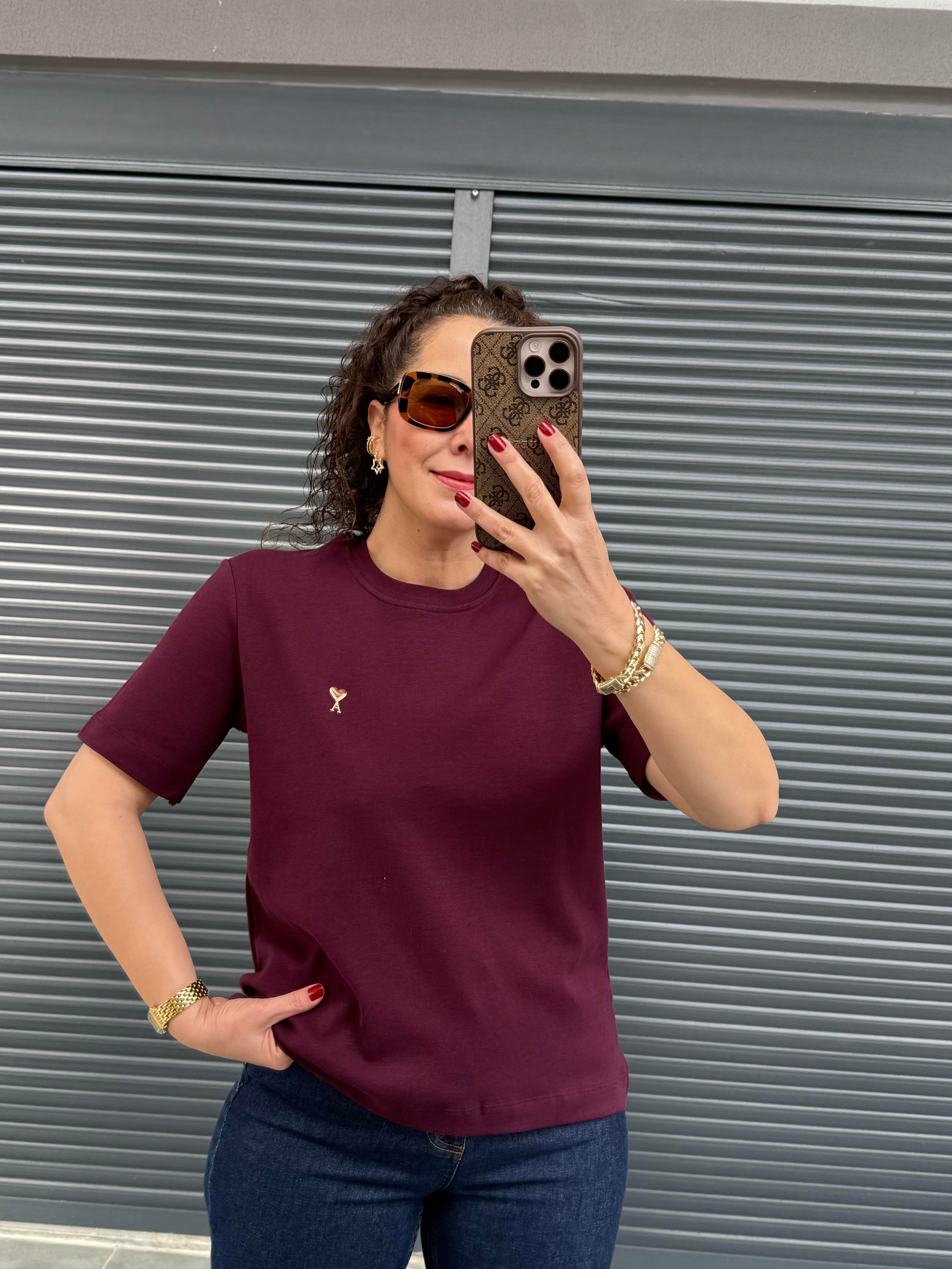 Gold Kalp Armalı Basıc T-shirt Mürdüm